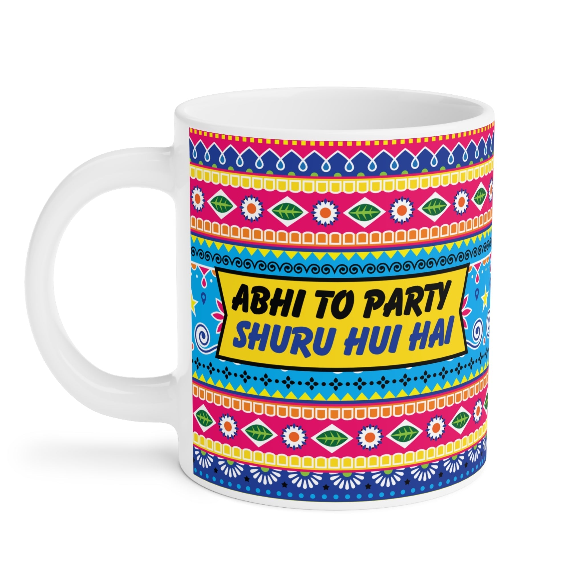 Abhi To Party Shuru Hui Hai mug with hot tea steam and cookies