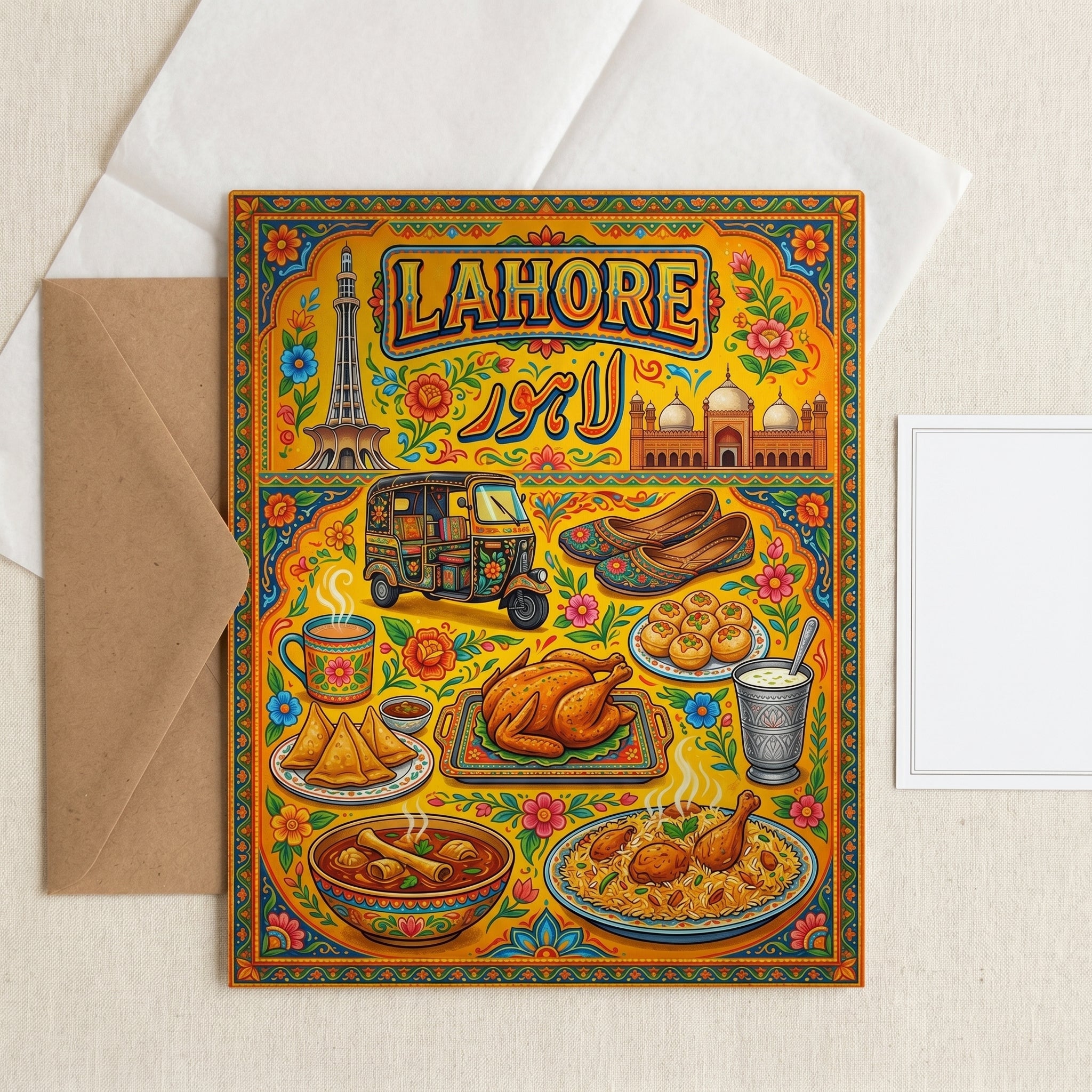 A luxury greeting card or small-print variation of the Lahore truck art design shown with a brown kraft envelope on a clean workspace