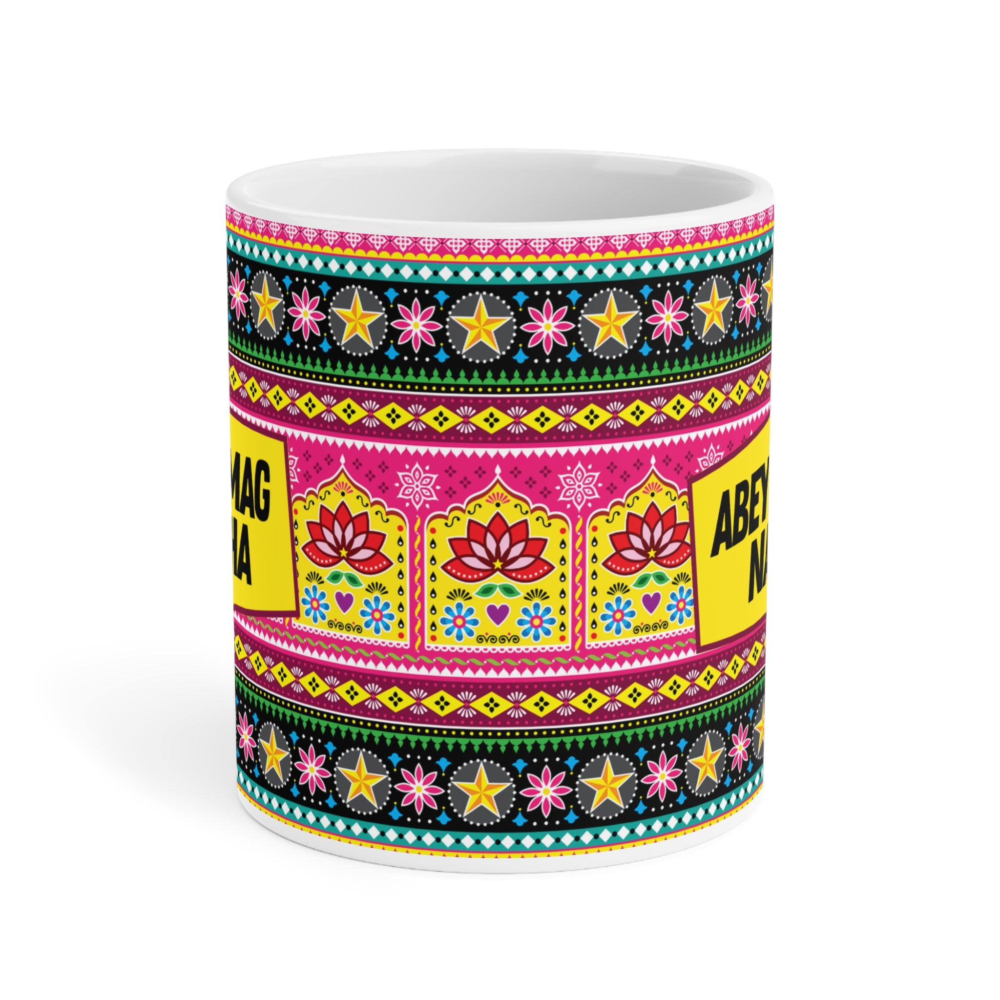 Abey Dimag Na Kha ceramic mug 11oz with bold funny desi quote design.
Perfect for chai and coffee lovers who enjoy quirky cultural humor.
Durable ceramic with scratch-resistant vibrant print for everyday use.
Microwave safe and dishwasher safe for convenience and easy care.
Large comfortable handle makes it ideal for home, office, or dorm.
A fun and savage gift for friends, coworkers, or siblings with humor.
Adds desi vibes, bold laughter, and attitude to every chai or coffee break.