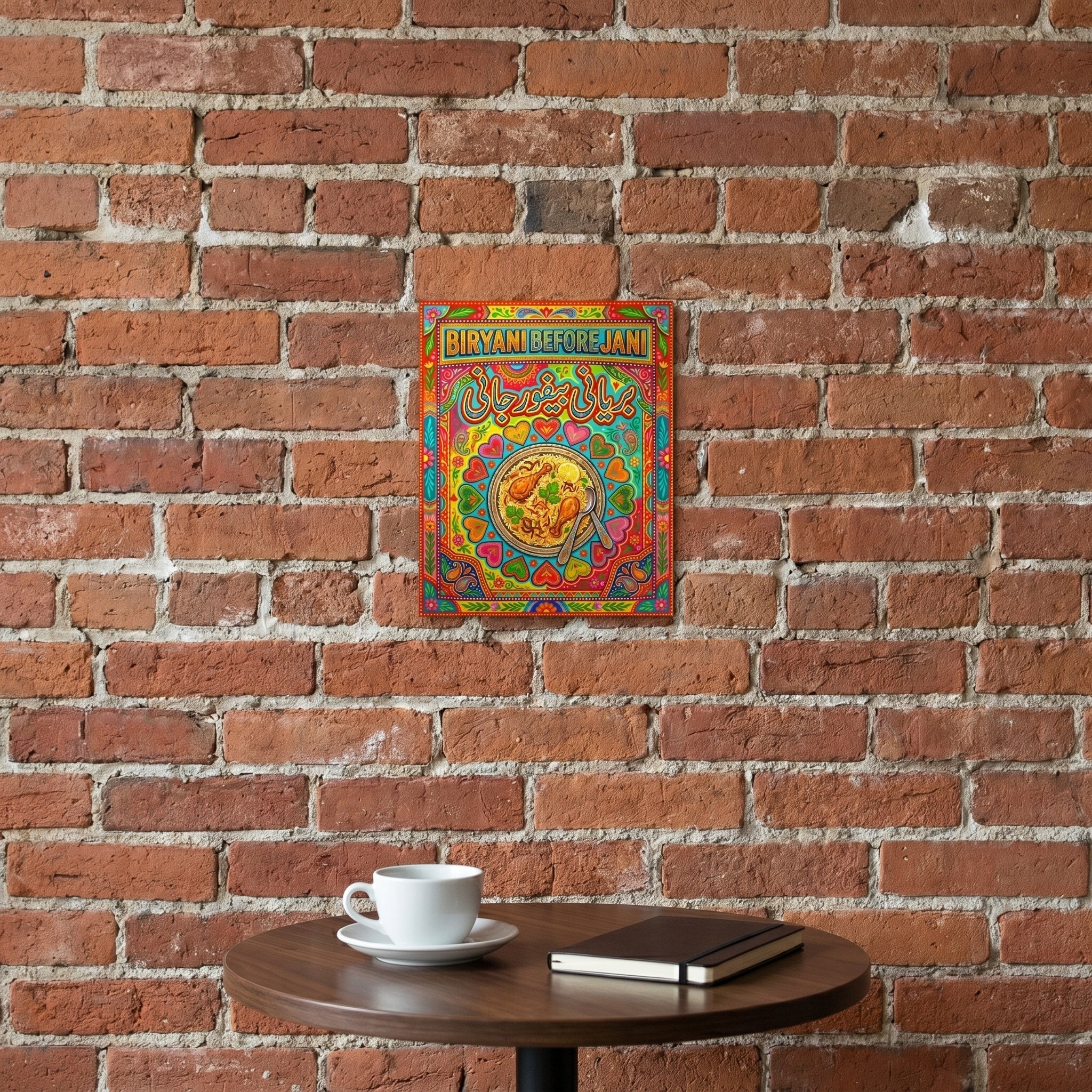 Aesthetic Biryani Before Jani slogan poster mounted on a rustic exposed brick wall above a cozy coffee shop table