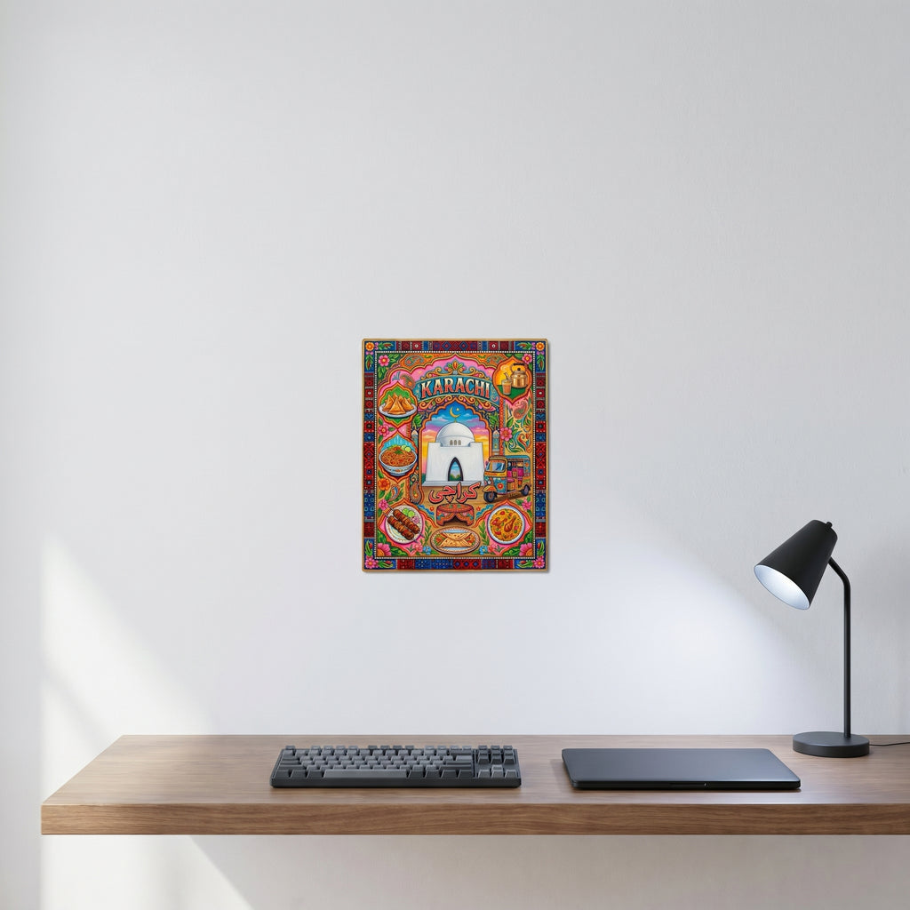 Aesthetic Karachi city of lights wall art print hanging neatly on a clean white wall behind a minimalist home office desk setup
