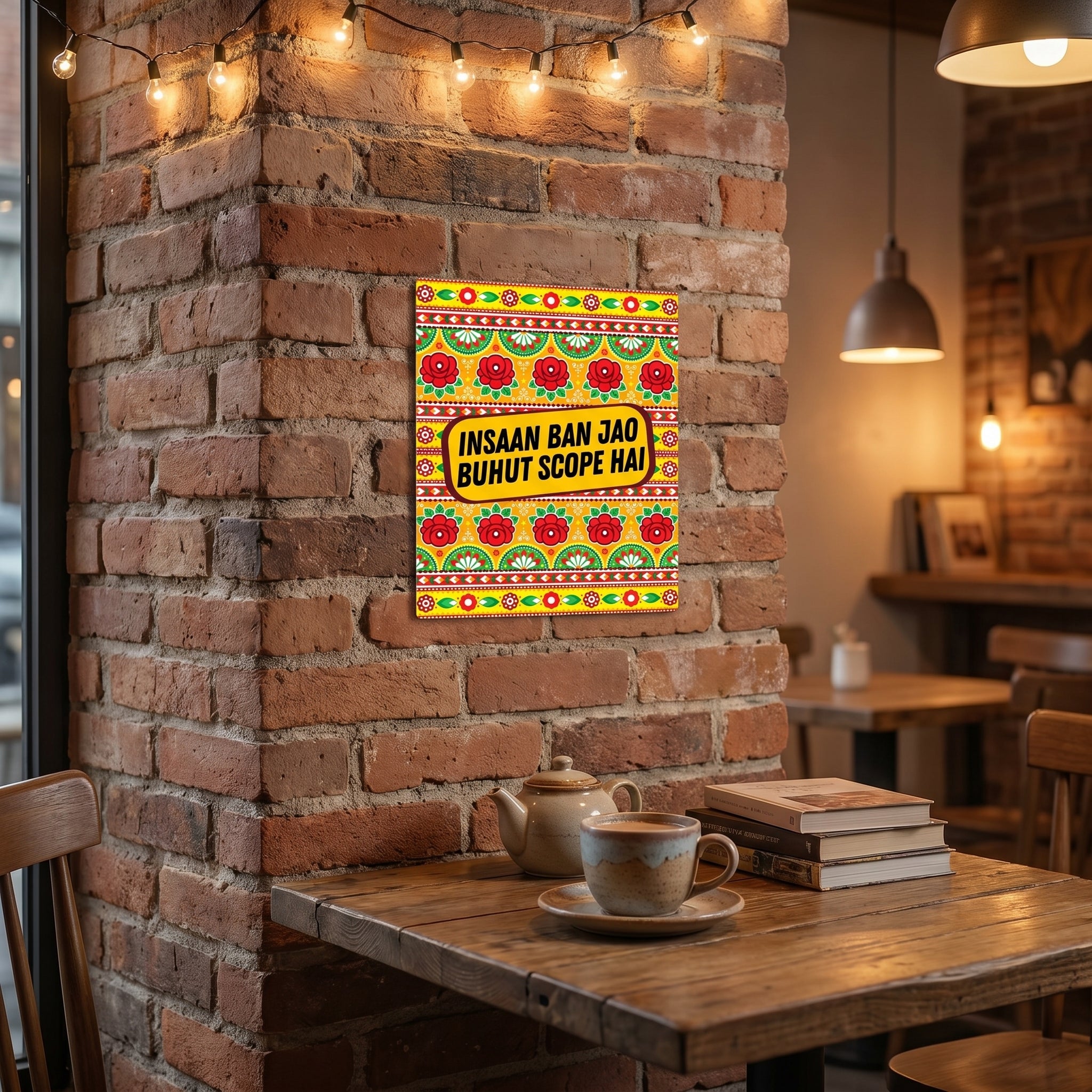 Aesthetic Urdu slogan poster mounted on a rustic exposed brick wall inside a trendy coffee shop or chai café above a wooden table