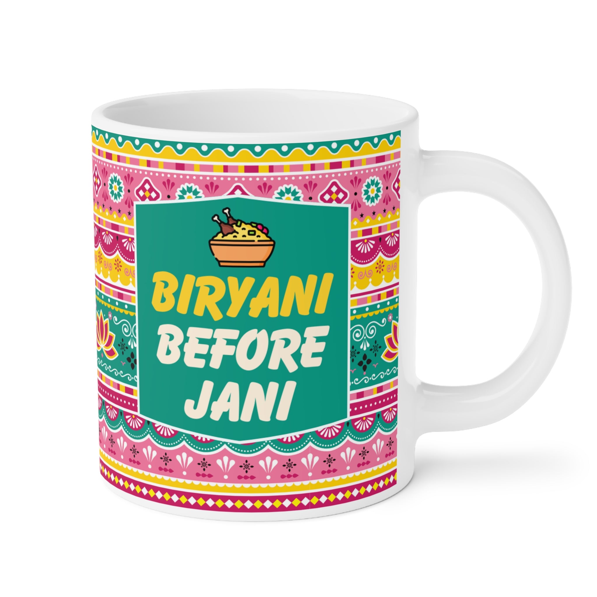 Biryani Aur Chai Aye Haye ceramic mug 11oz with funny desi food-inspired design.
Perfect for tea, coffee, and biryani lovers who enjoy cultural humor daily.
Durable ceramic build with vibrant, scratch-resistant print that lasts long.
Microwave safe and dishwasher safe for convenience and easy cleaning.
Large comfortable handle makes sipping chai or coffee effortless.
Unique quirky gift idea for friends, family, and coworkers who love food jokes.
Adds laughter, desi vibes, and foodie fun to every tea or coff