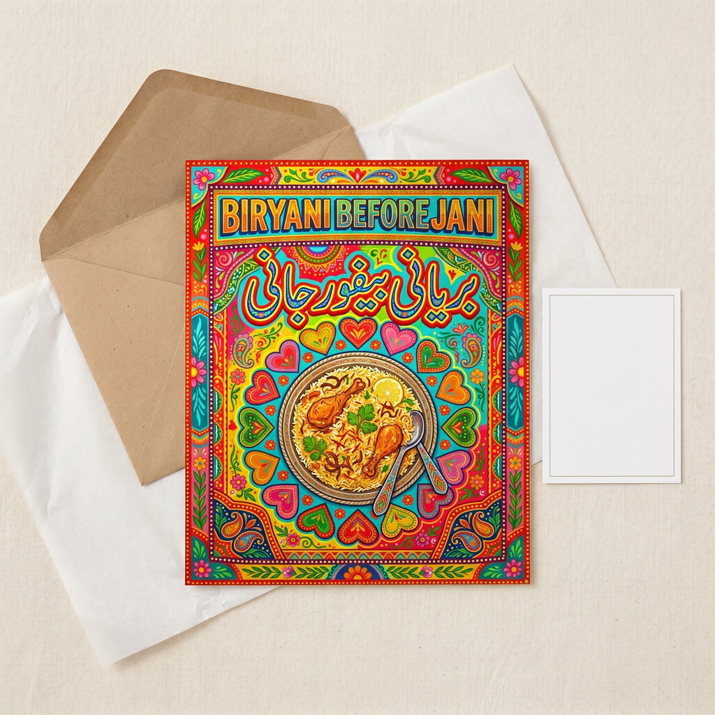 Vibrant Biryani Before Jani Pakistani truck art poster featuring detailed chicken biryani illustration and colorful Urdu typography
