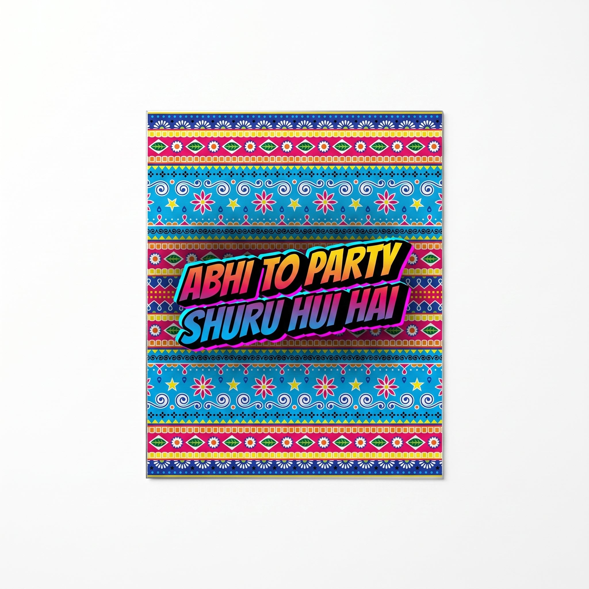 Close-up of Abhi To Party Shuru Hui Hai Urdu truck art metal print focusing on the multi-colored gradient typography and rosettes.