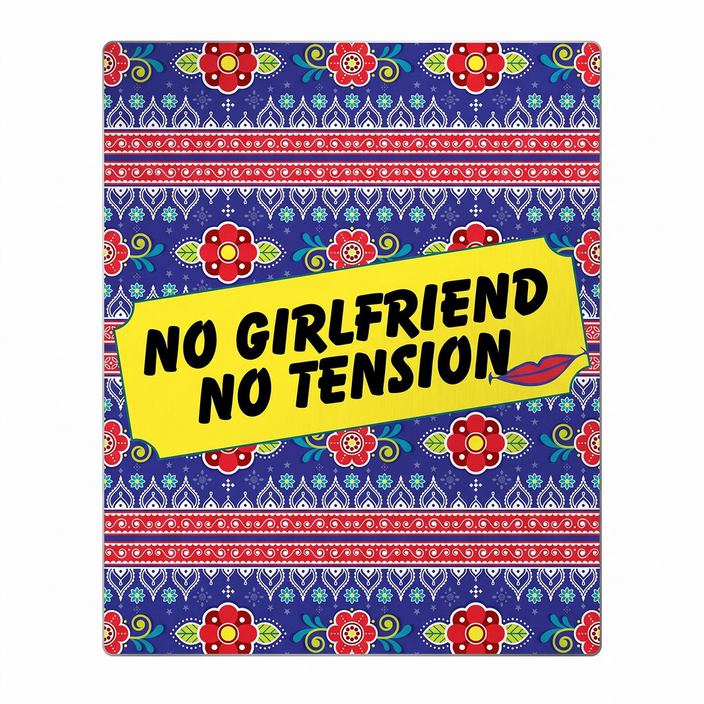 Close-up of No Girlfriend No Tension truck art metal print featuring detailed rosettes and red lips on a blue background.