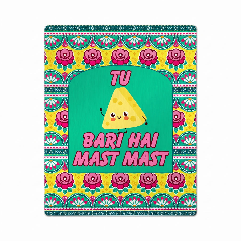 Close-up of Tu Bari Hai Mast Mast truck art metal print focusing on the cute cheese cartoon and pink bubble typography.