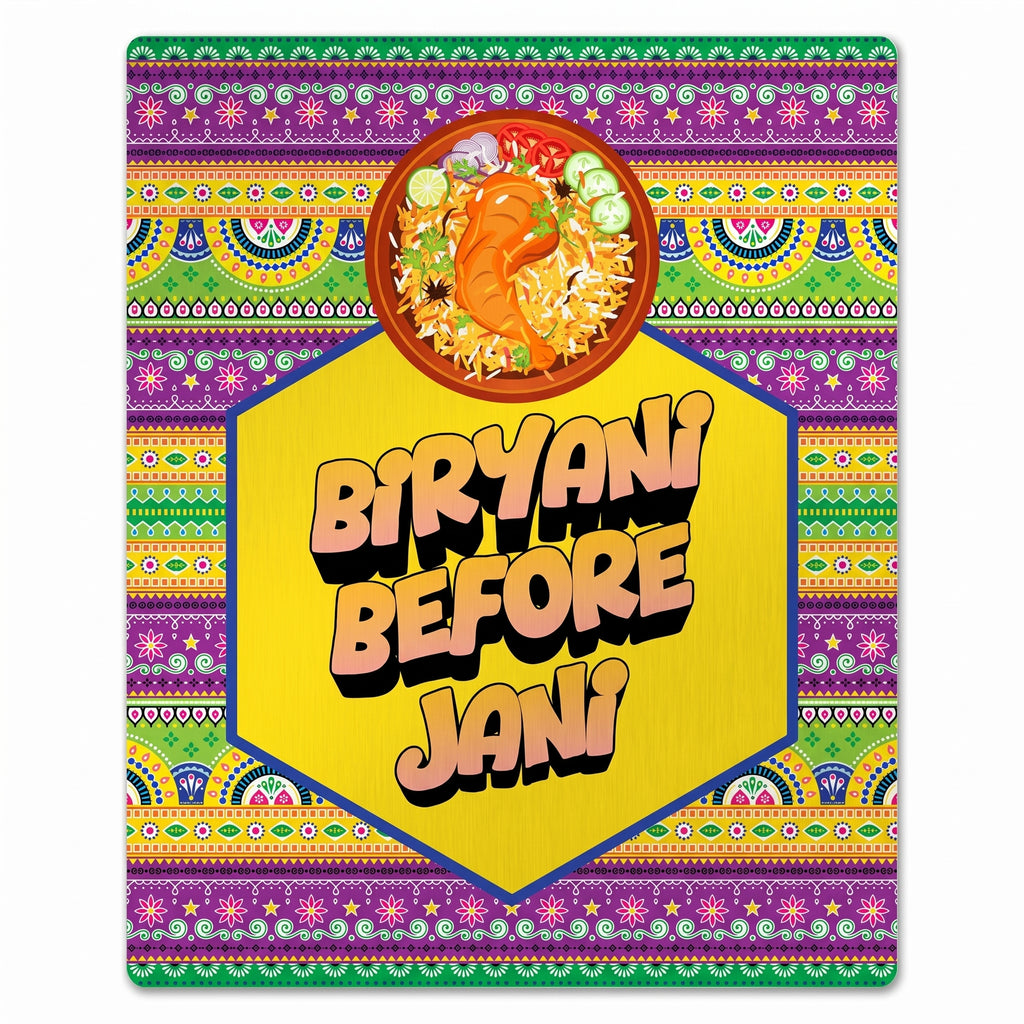 Close-up of the Biryani Before Jani truck art metal poster highlighting the yellow hexagon, chicken biryani platter illustration, and purple pattern borders.