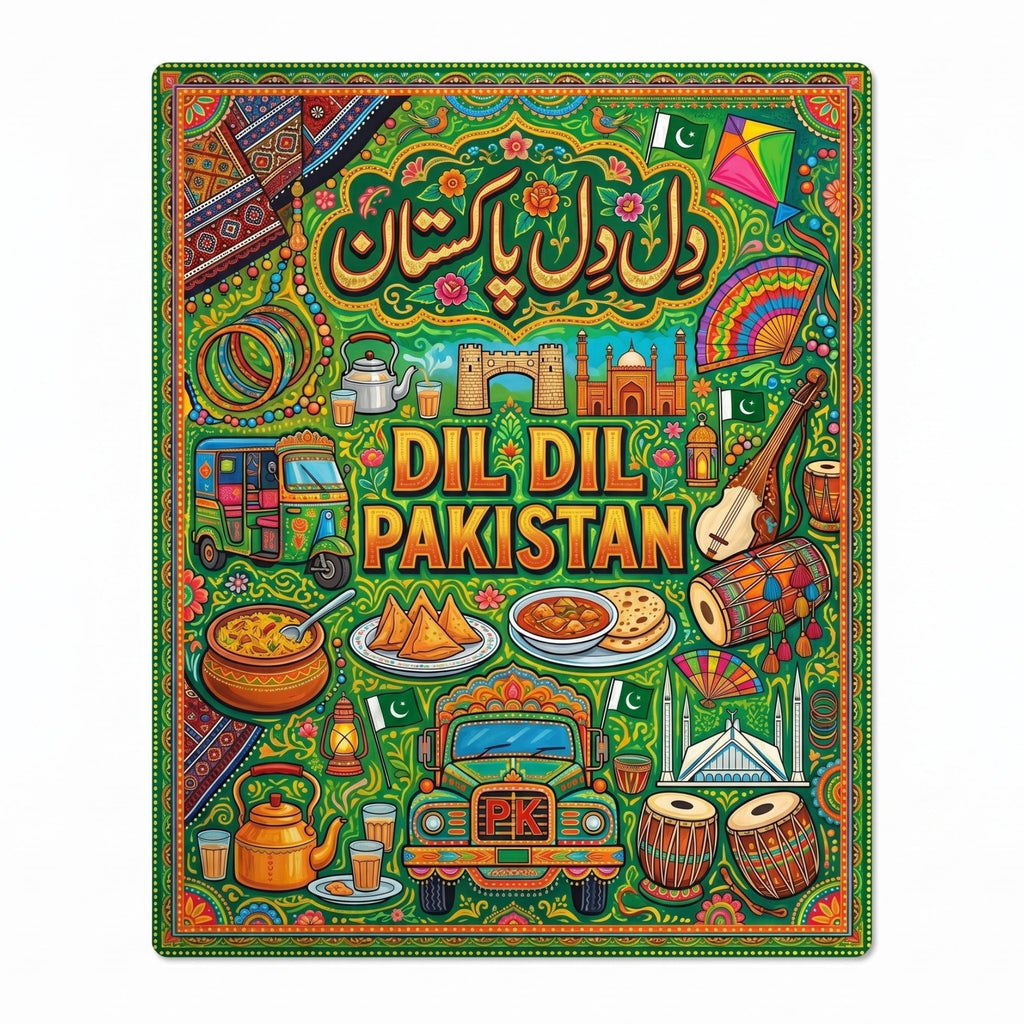 Close-up of the Dil Dil Pakistan truck art metal poster highlighting the elegant Urdu script, green rickshaw, and detailed food illustrations.