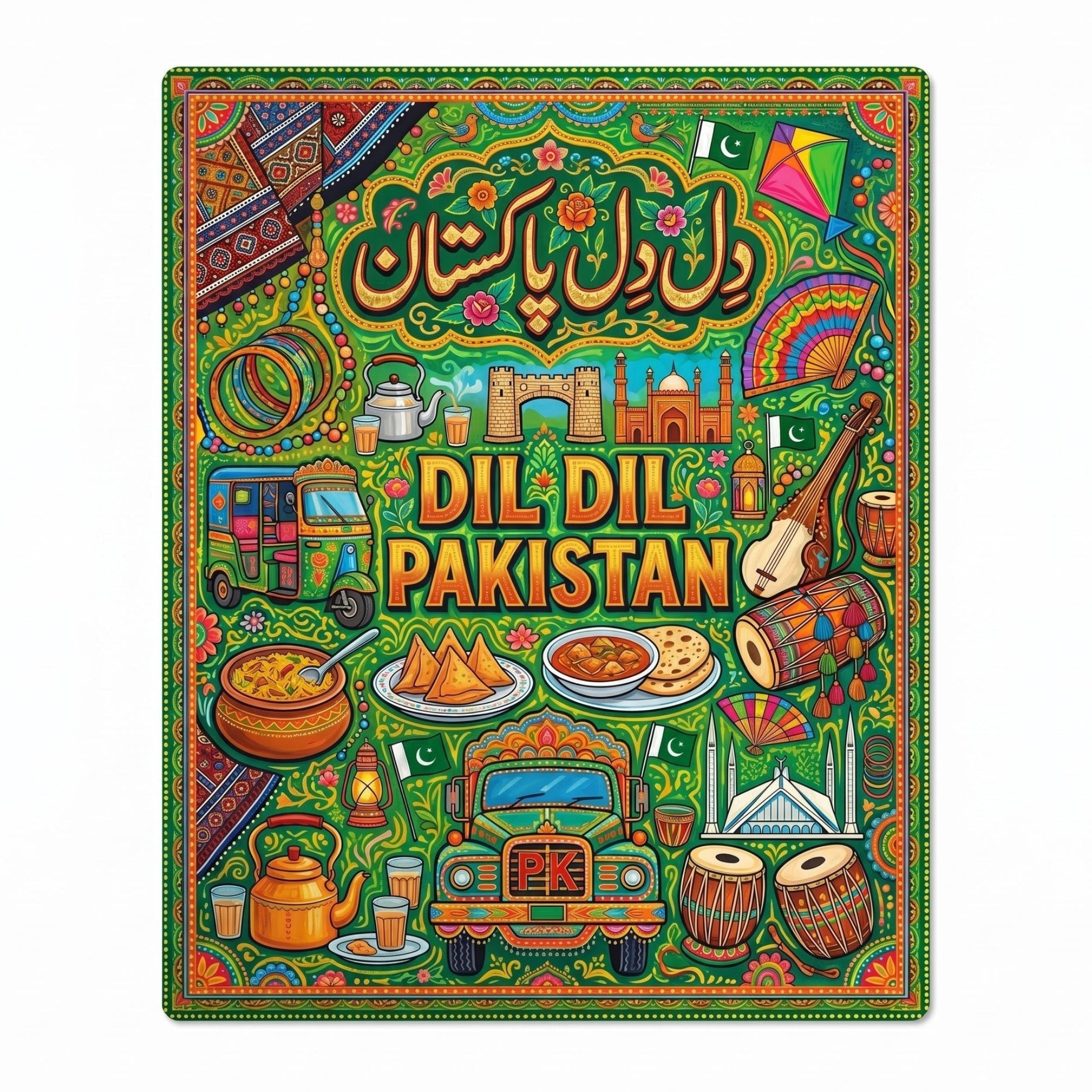Close-up of the Dil Dil Pakistan truck art metal poster highlighting the elegant Urdu script, green rickshaw, and detailed food illustrations.