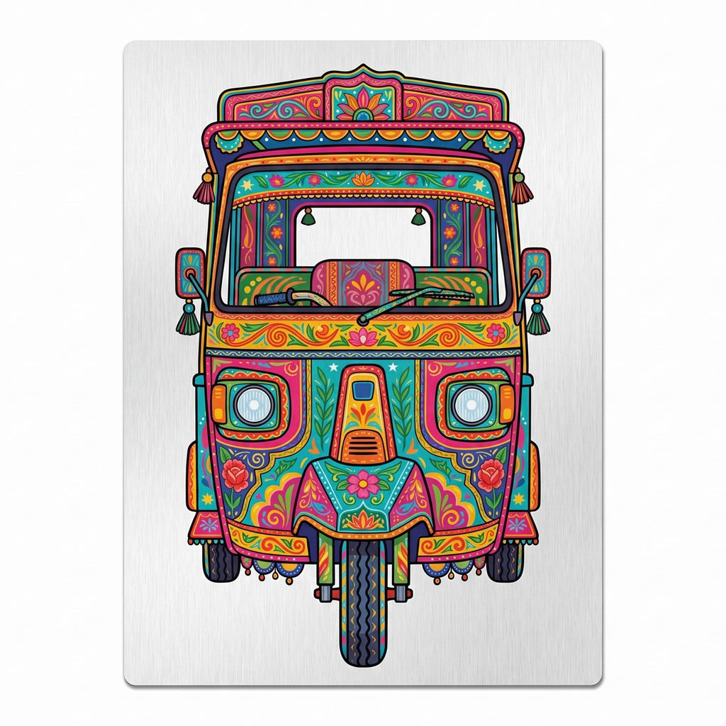 Close-up of the Pakistani Truck Art Rickshaw metal art print focusing on the intricate, vibrant floral patterns, geometric borders, and raw brushed aluminum texture.