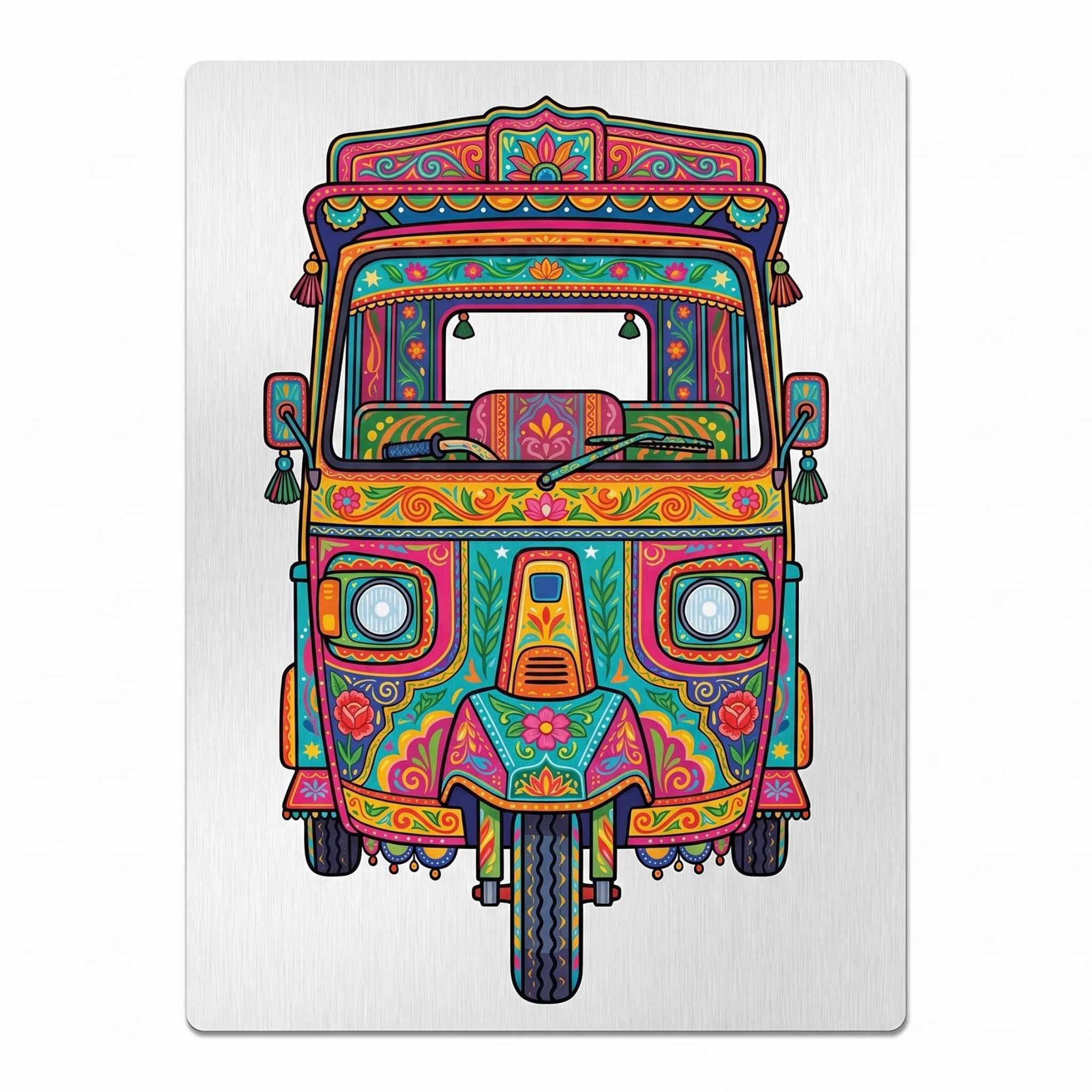 Close-up of the Pakistani Truck Art Rickshaw metal art print focusing on the intricate, vibrant floral patterns, geometric borders, and raw brushed aluminum texture.