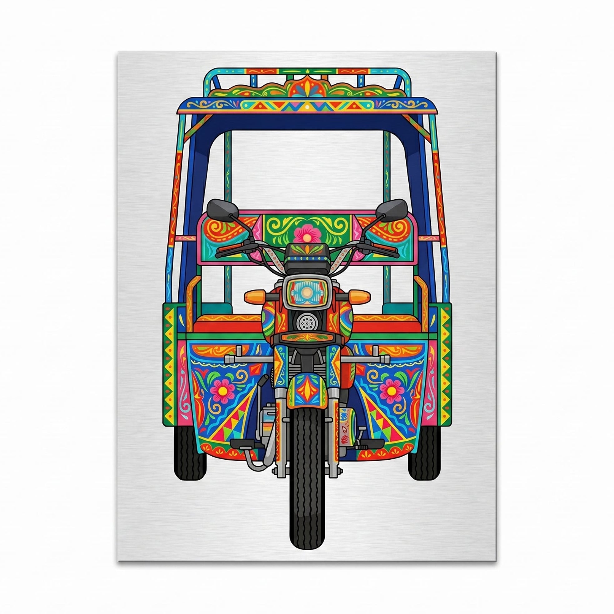 Close-up of the Qingqi rickshaw art metal wall sign focusing on the colorful canopy, central front headlight, detailed handlebars, and brushed metal background texture.