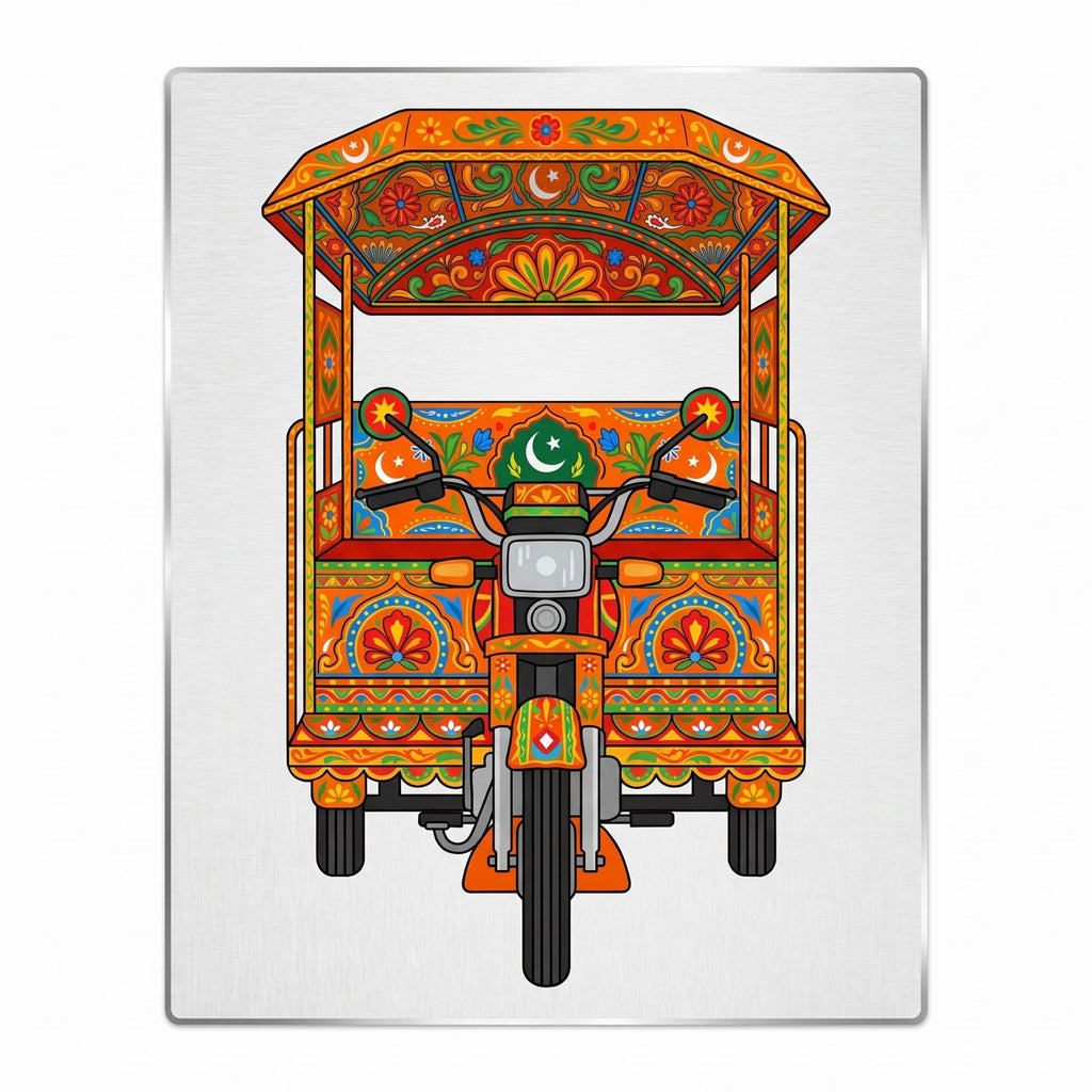 Close-up of the orange Qingqi rickshaw art metal wall sign focusing on the crescent and star emblems, central headlight assembly, and brushed metal background texture.