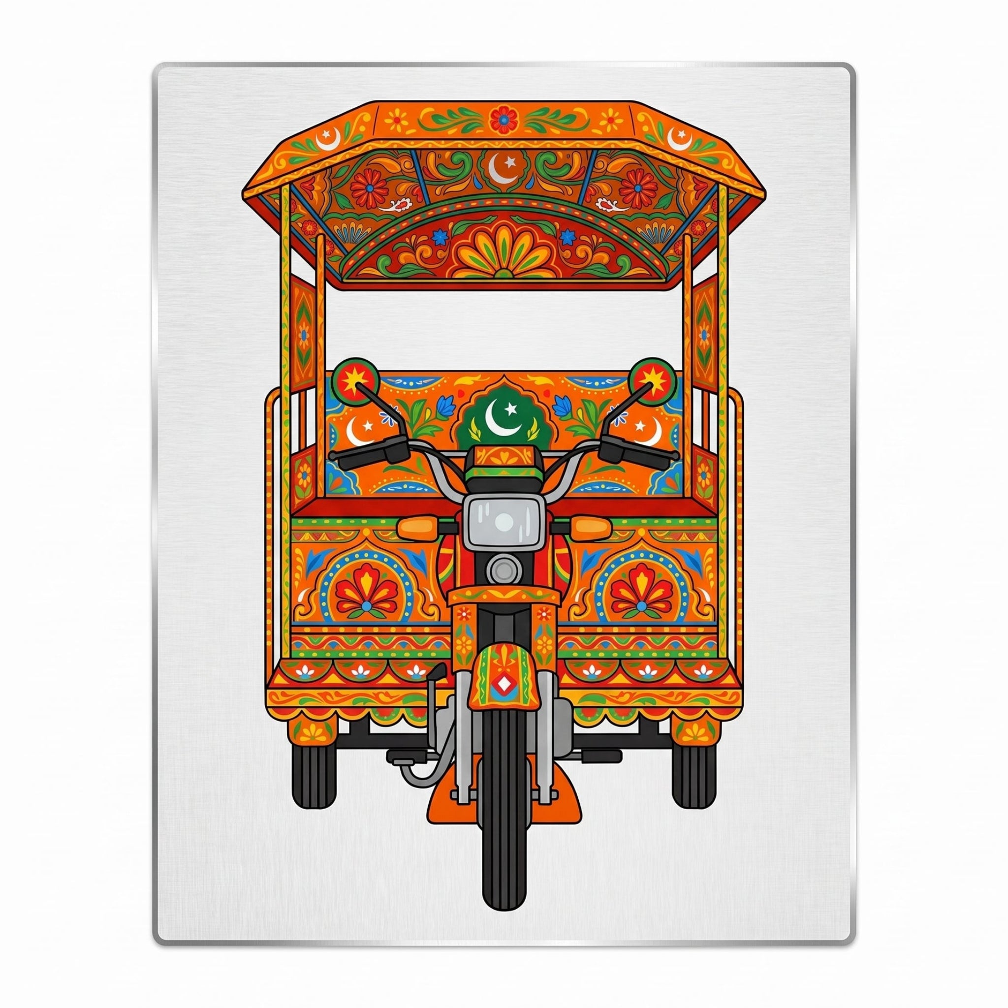 Close-up of the orange Qingqi rickshaw art metal wall sign focusing on the crescent and star emblems, central headlight assembly, and brushed metal background texture.