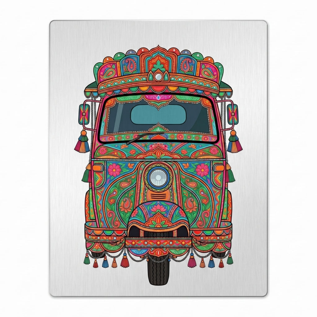 Close-up of the rickshaw art metal wall sign focusing on the colorful vehicle crown, detailed central headlight, dangling tassels, and brushed metal background texture.