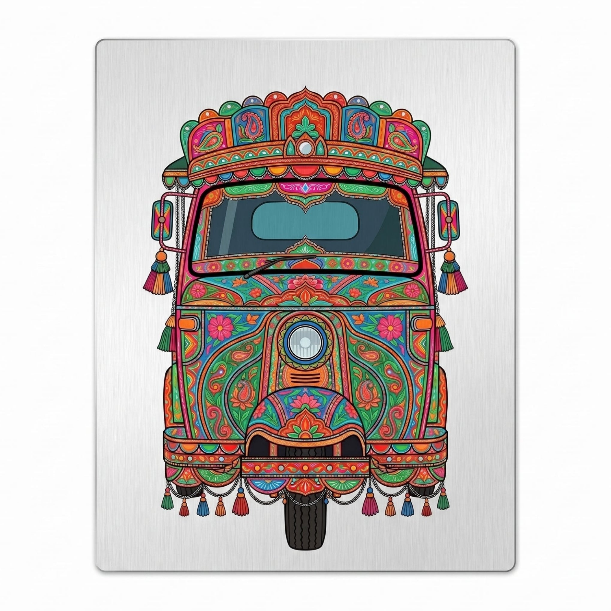 Close-up of the rickshaw art metal wall sign focusing on the colorful vehicle crown, detailed central headlight, dangling tassels, and brushed metal background texture.