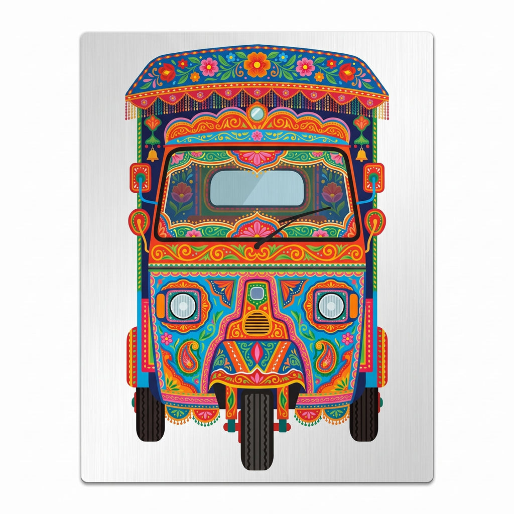 Close-up of the royal blue auto-rickshaw art metal wall sign focusing on the floral canopy, detailed dual headlights, paisley scrolls, and brushed metal background texture.