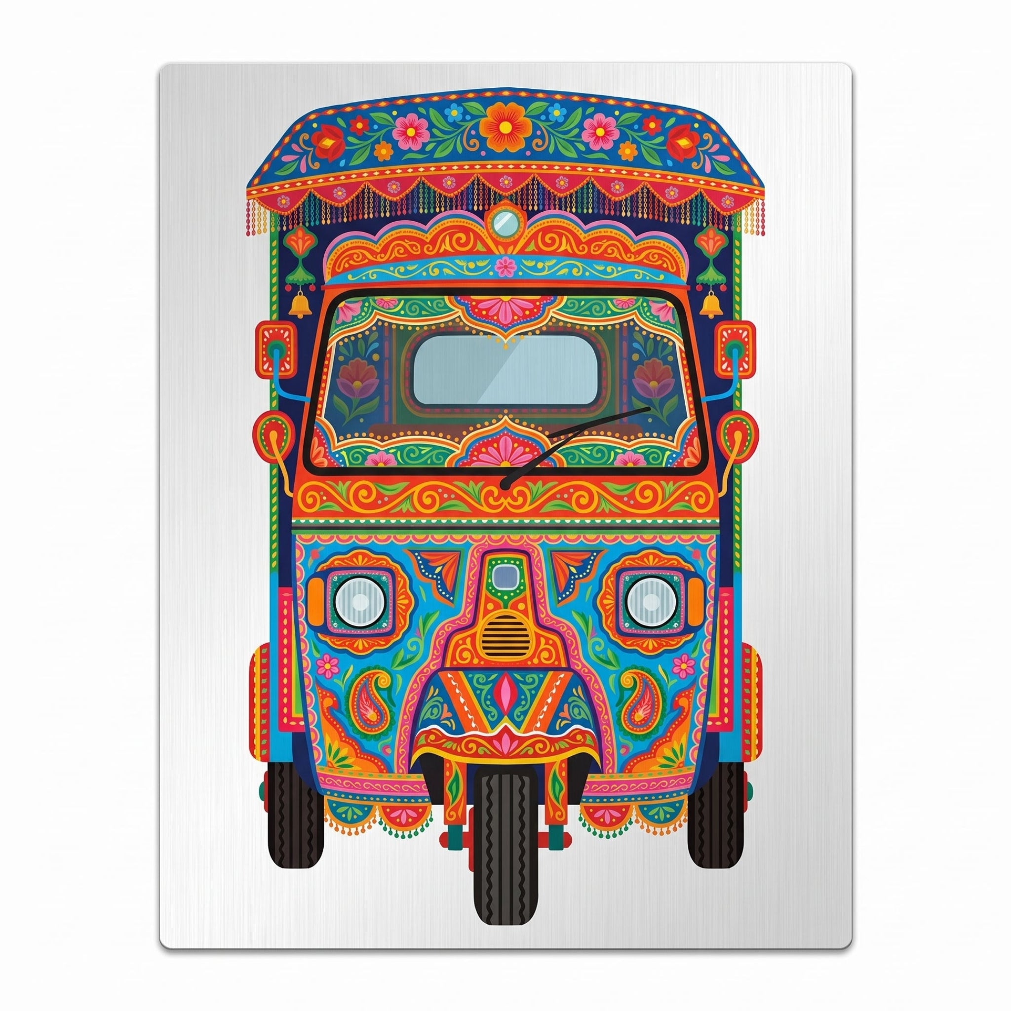 Close-up of the royal blue auto-rickshaw art metal wall sign focusing on the floral canopy, detailed dual headlights, paisley scrolls, and brushed metal background texture.