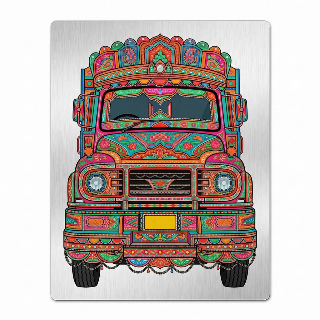 Close-up of the truck art metal wall sign focusing on the colorful truck crown, detailed headlights, and brushed metal background texture.