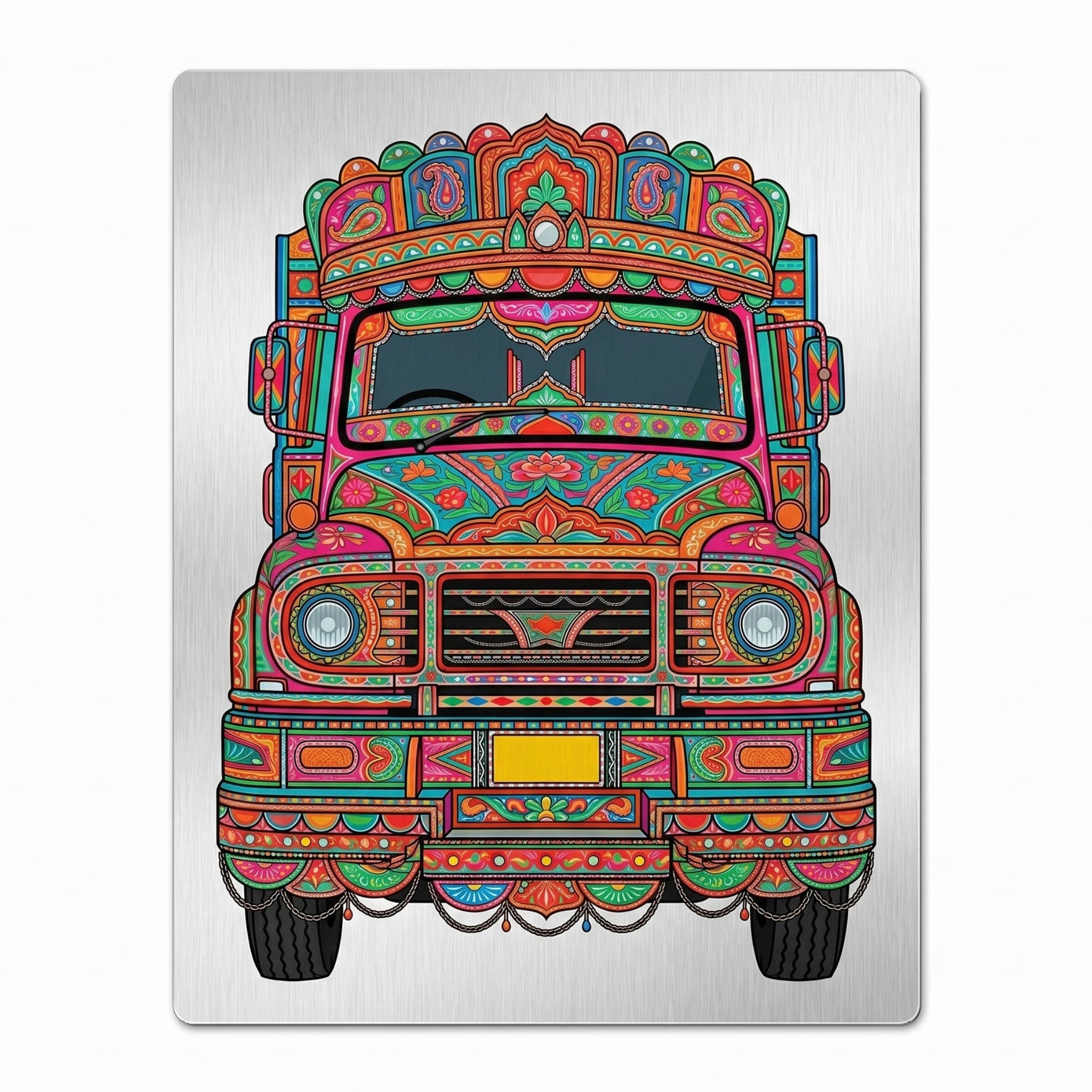 Close-up of the truck art metal wall sign focusing on the colorful truck crown, detailed headlights, and brushed metal background texture.