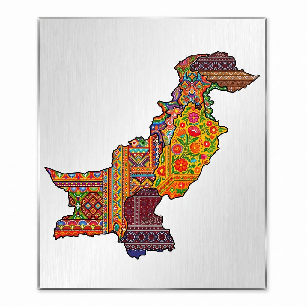 Close-up of the vertically aligned Pakistan provincial cultural pattern map metal wall sign focusing on the detailed Ajrak, Phulkari, and Balochi embroidery textures.
