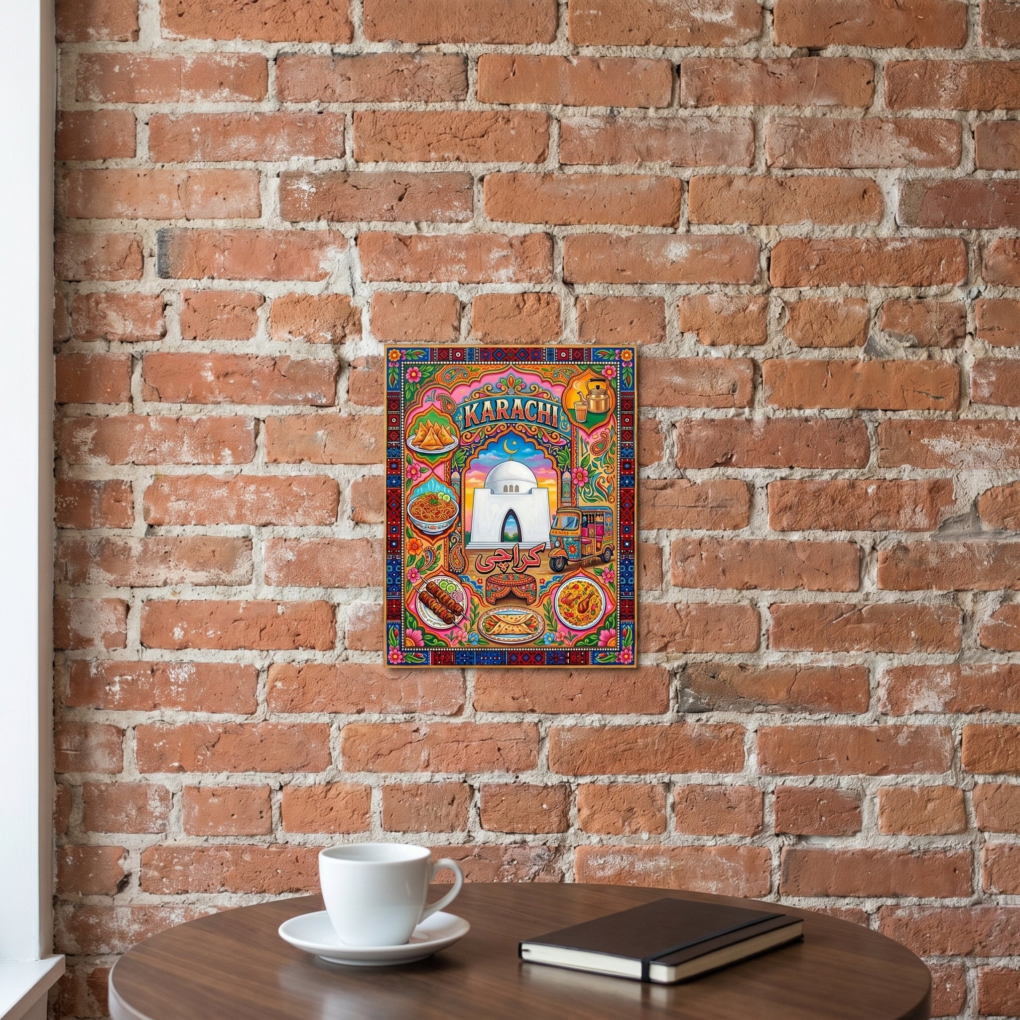 Colorful Urdu Karachi food street poster mounted on a rustic exposed brick wall in a cozy modern restaurant or kitchen dining area