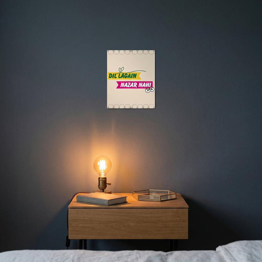 Contemporary bedroom nightstand setup featuring the framed truck art slogan poster catching warm ambient light from a lamp.
