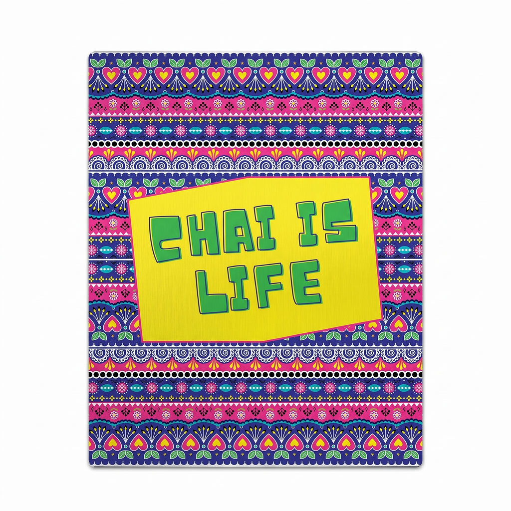  Deep close-up detailed graphic of the original Chai Is Life artwork file focusing on the green typography, yellow center block, and pink Phool Patti truck art patterns.
