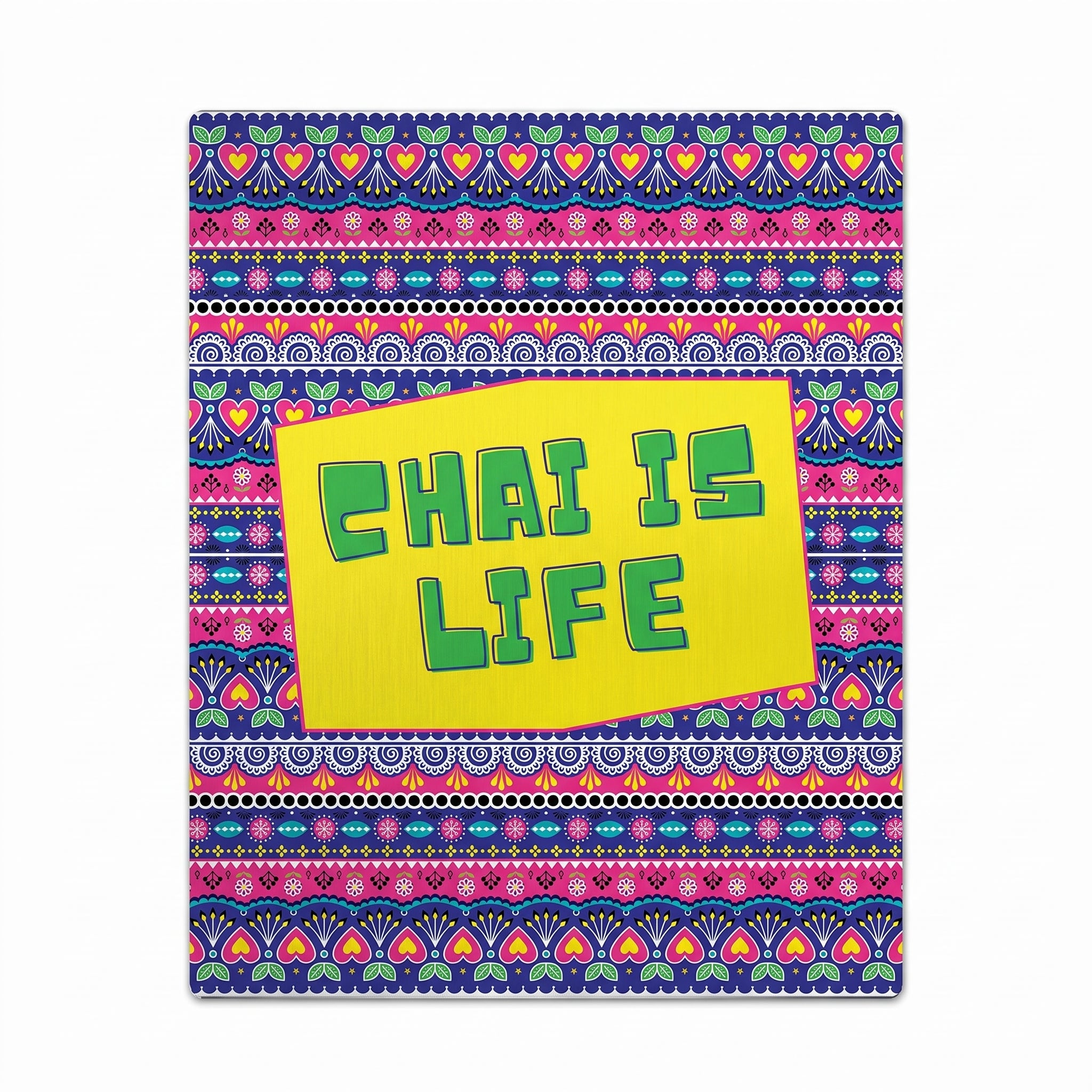  Deep close-up detailed graphic of the original Chai Is Life artwork file focusing on the green typography, yellow center block, and pink Phool Patti truck art patterns.
