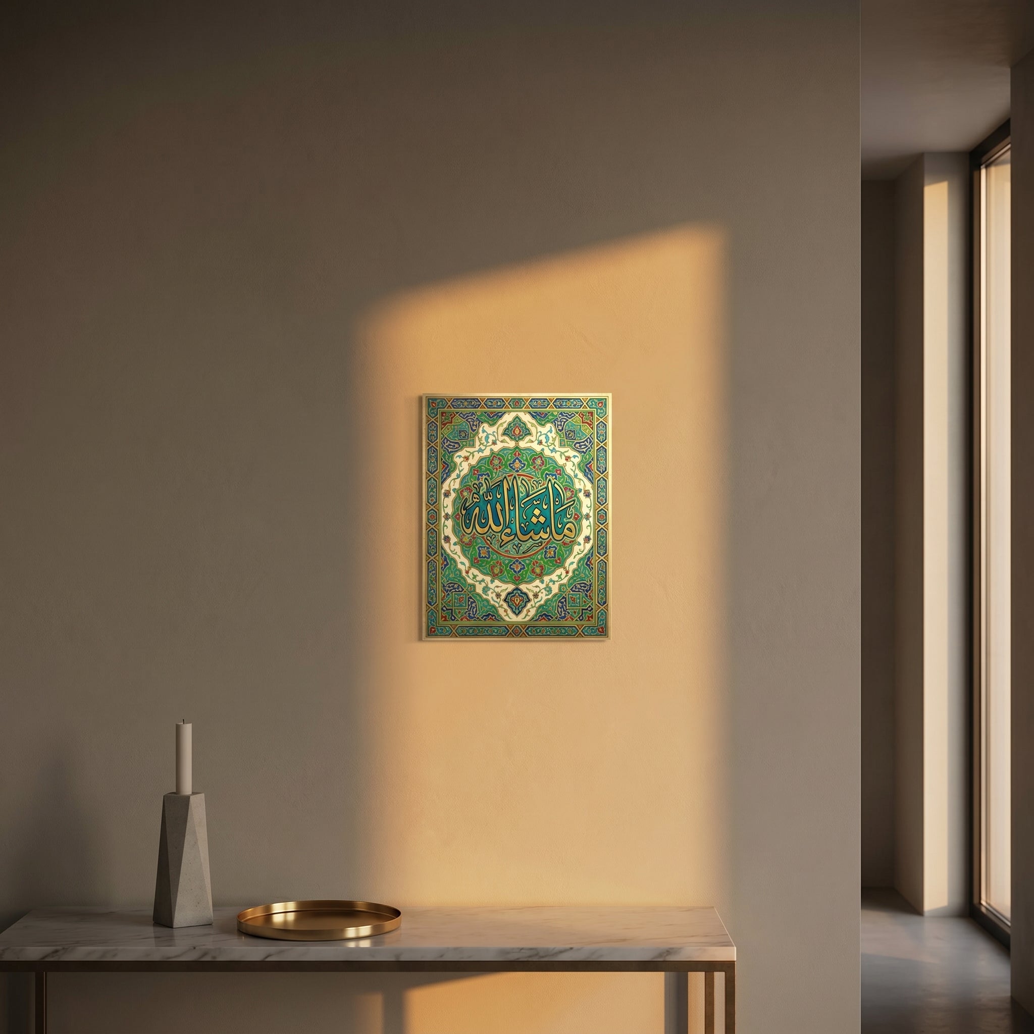 Elegant Islamic wall art print catching dramatic golden afternoon window sunlight above a sleek modern console table