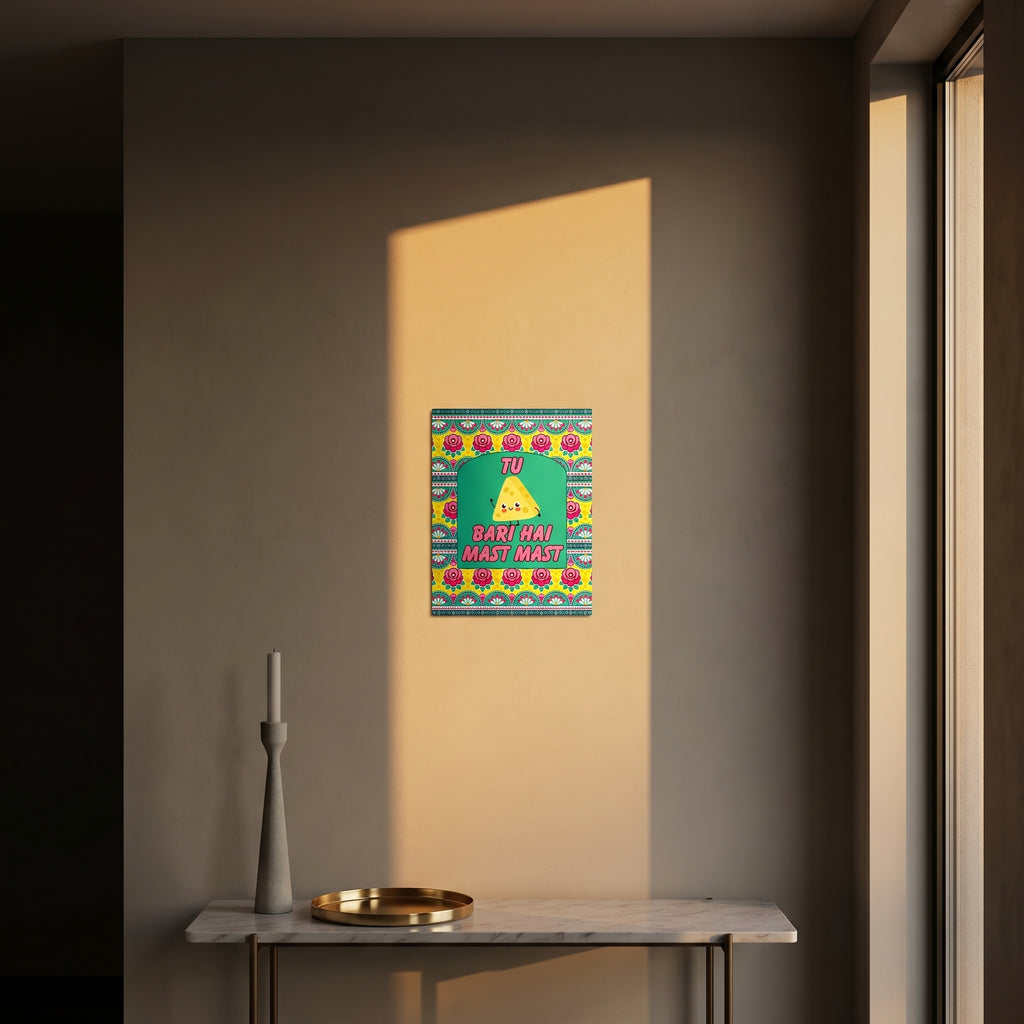 Funny Bollywood cheese pun metal panel styled beautifully on a modern console table catching golden window sunlight.