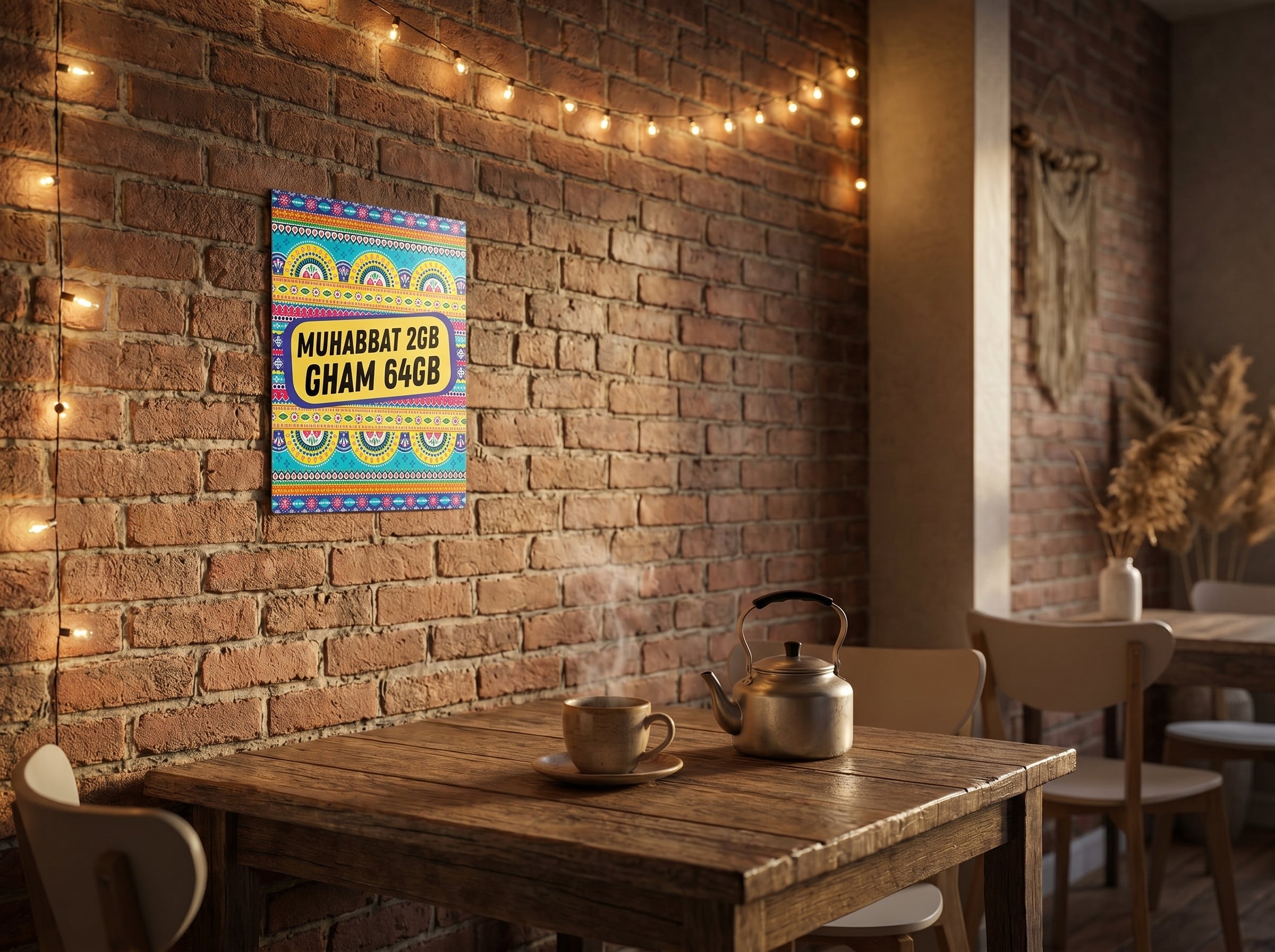 Funny Urdu poetry truck art poster framed on a minimalist bedroom wall under natural warm sunlight shadows.