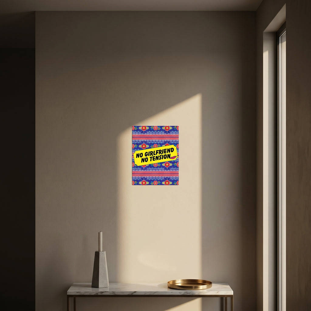 Funny Urdu style slogan metal sign on a marble console table catching dramatic golden afternoon window sunlight beautifully.