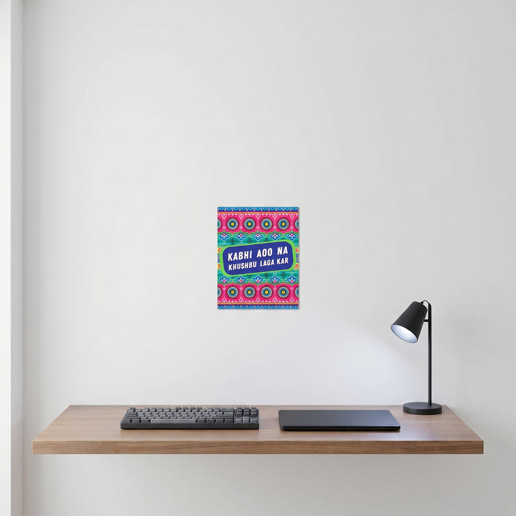 "Funny corporate WFH backdrop funny truck poetry wall art print displayed neatly on a white wall behind a minimalist computer workspace desk.