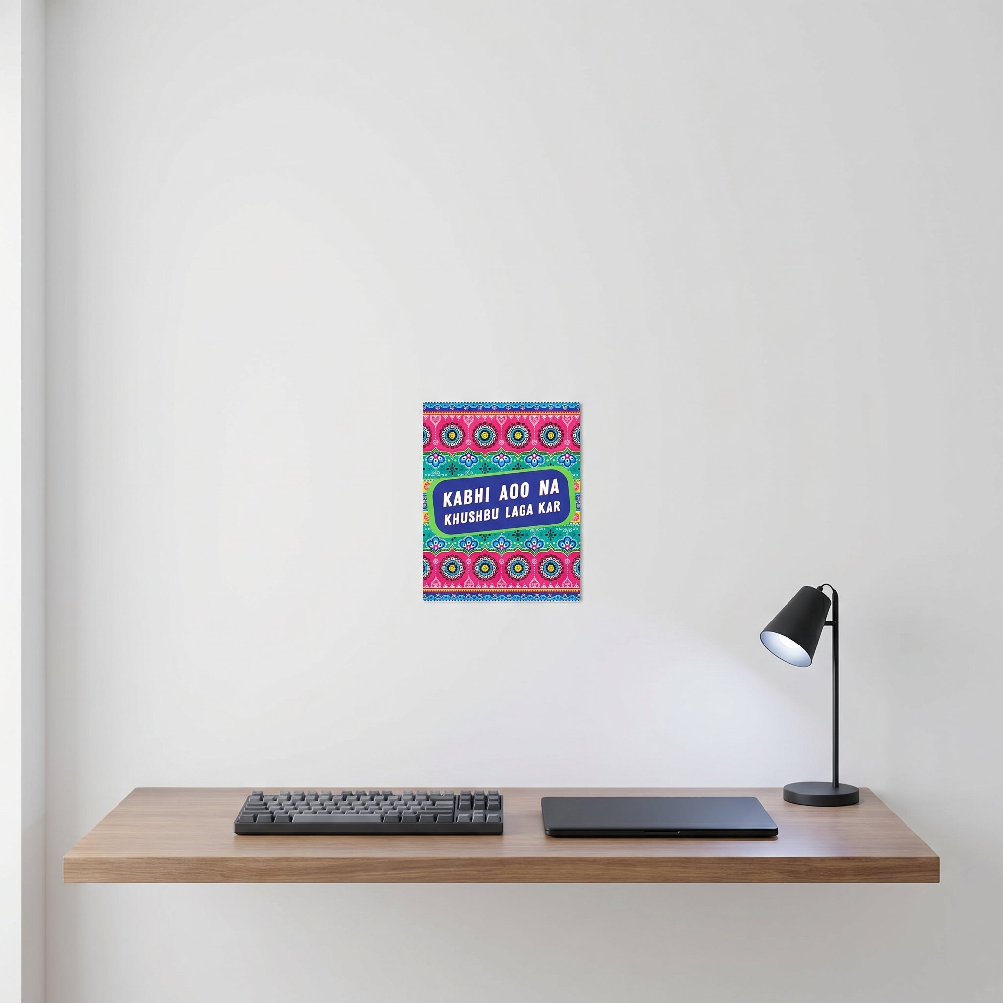 "Funny corporate WFH backdrop funny truck poetry wall art print displayed neatly on a white wall behind a minimalist computer workspace desk.