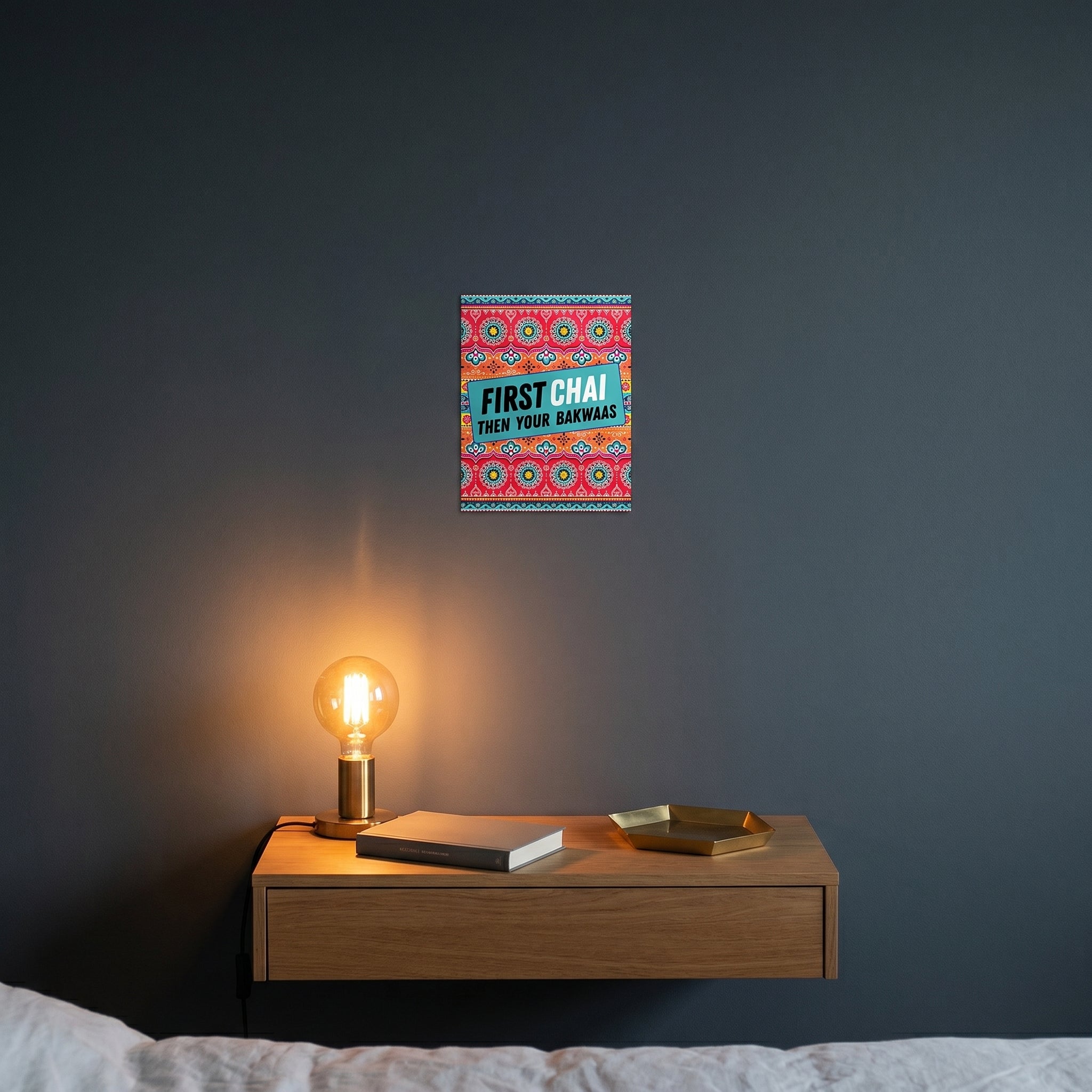 "Funny corporate WFH backdrop wall art print displayed neatly on a white wall behind a minimalist computer workspace desk."