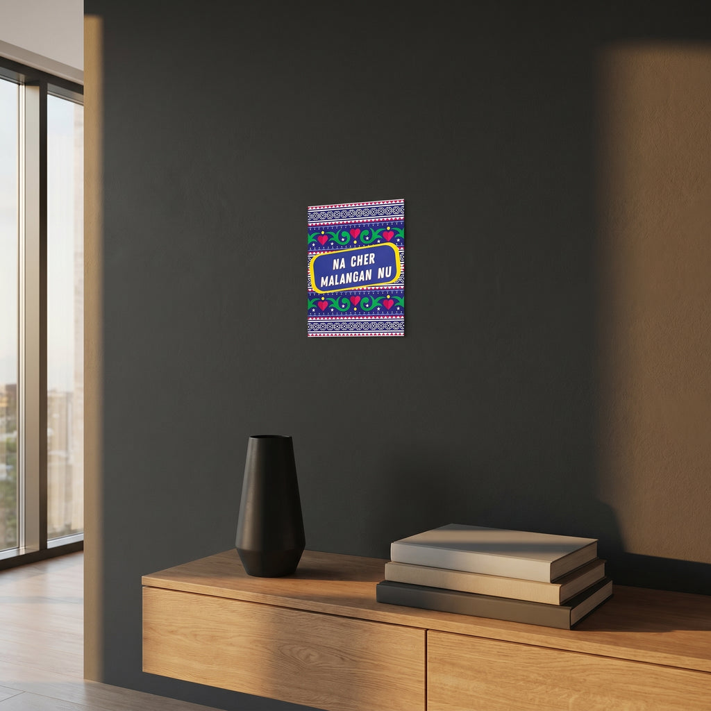 High-end Desi slogan art poster styled on a minimalist console table under dramatic golden afternoon window sunlight.