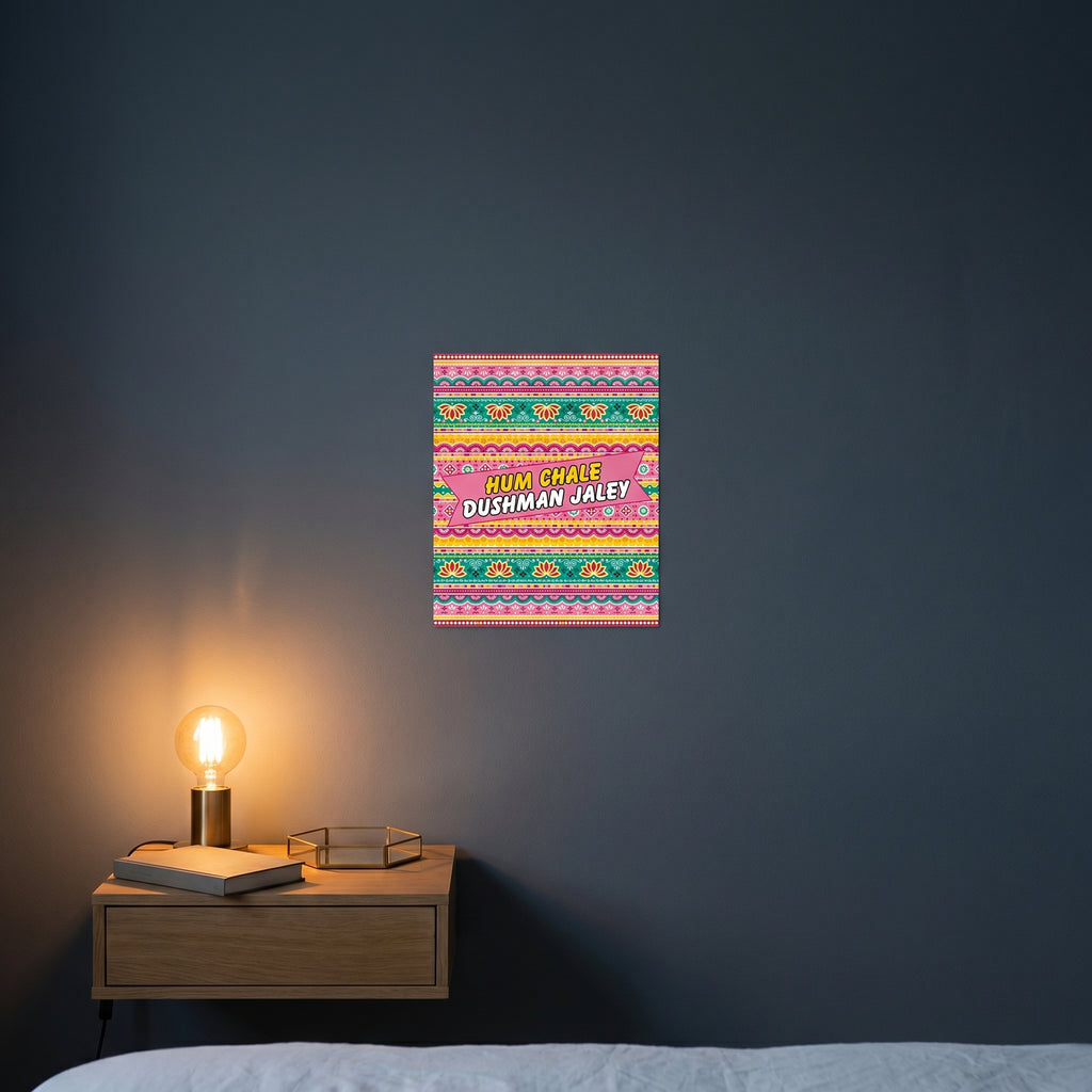 Humorous South Asian diaspora aluminum slogan sign styled on a dark grey accent wall over a modern wooden sideboard cabinet.