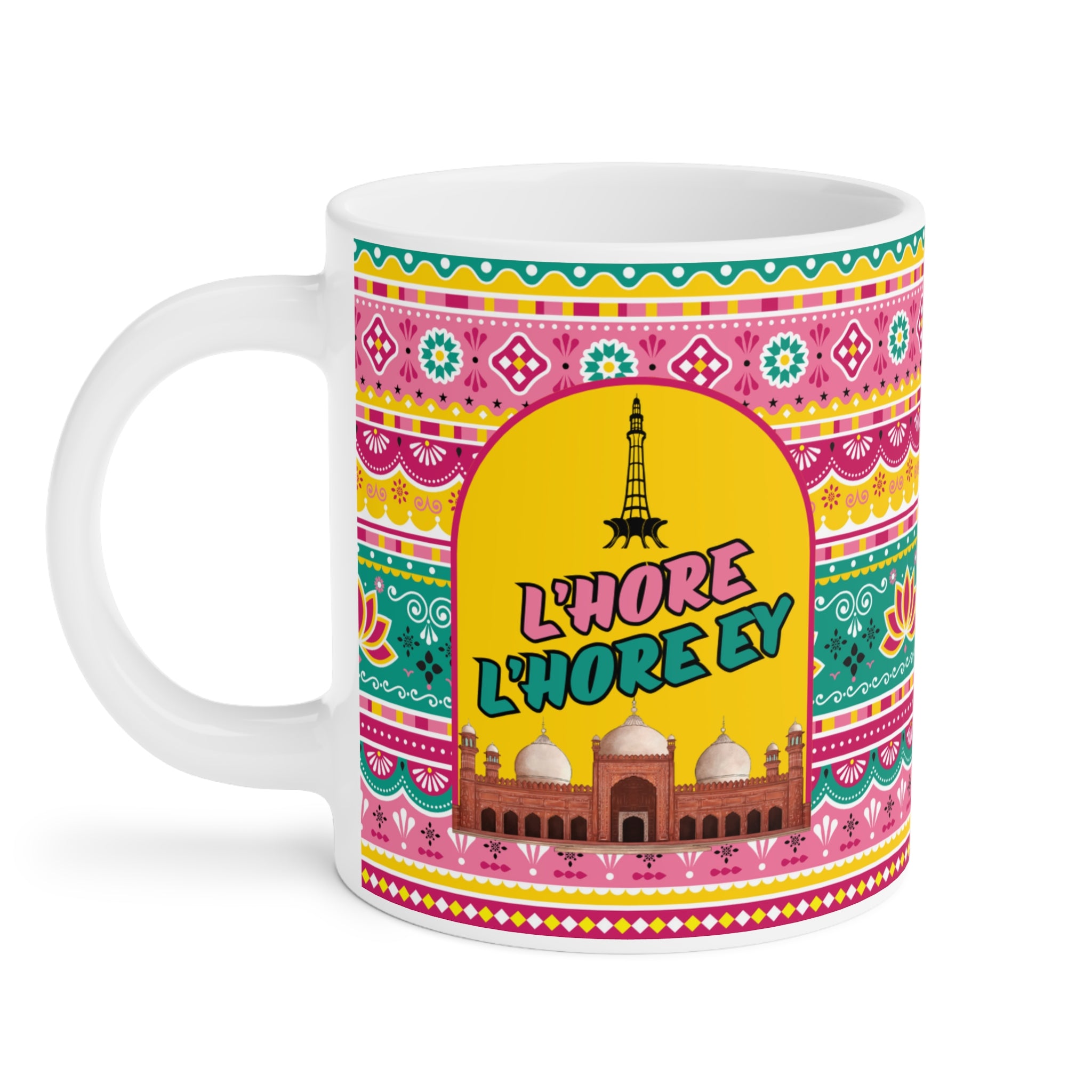 Lahore Lahore Ey ceramic mug 11oz with cultural Punjabi quote design.
Perfect for tea and coffee lovers who cherish Lahore’s vibrant culture.
Durable ceramic cup with scratch-resistant, colorful print for daily use.
Microwave safe and dishwasher safe for easy heating and cleaning.
Large comfortable handle for effortless sipping of chai or coffee.
Ideal gift for Lahoris, expats, family, or friends who love Punjab.
Brings city pride, humor, and nostalgia to every tea or coffee moment.