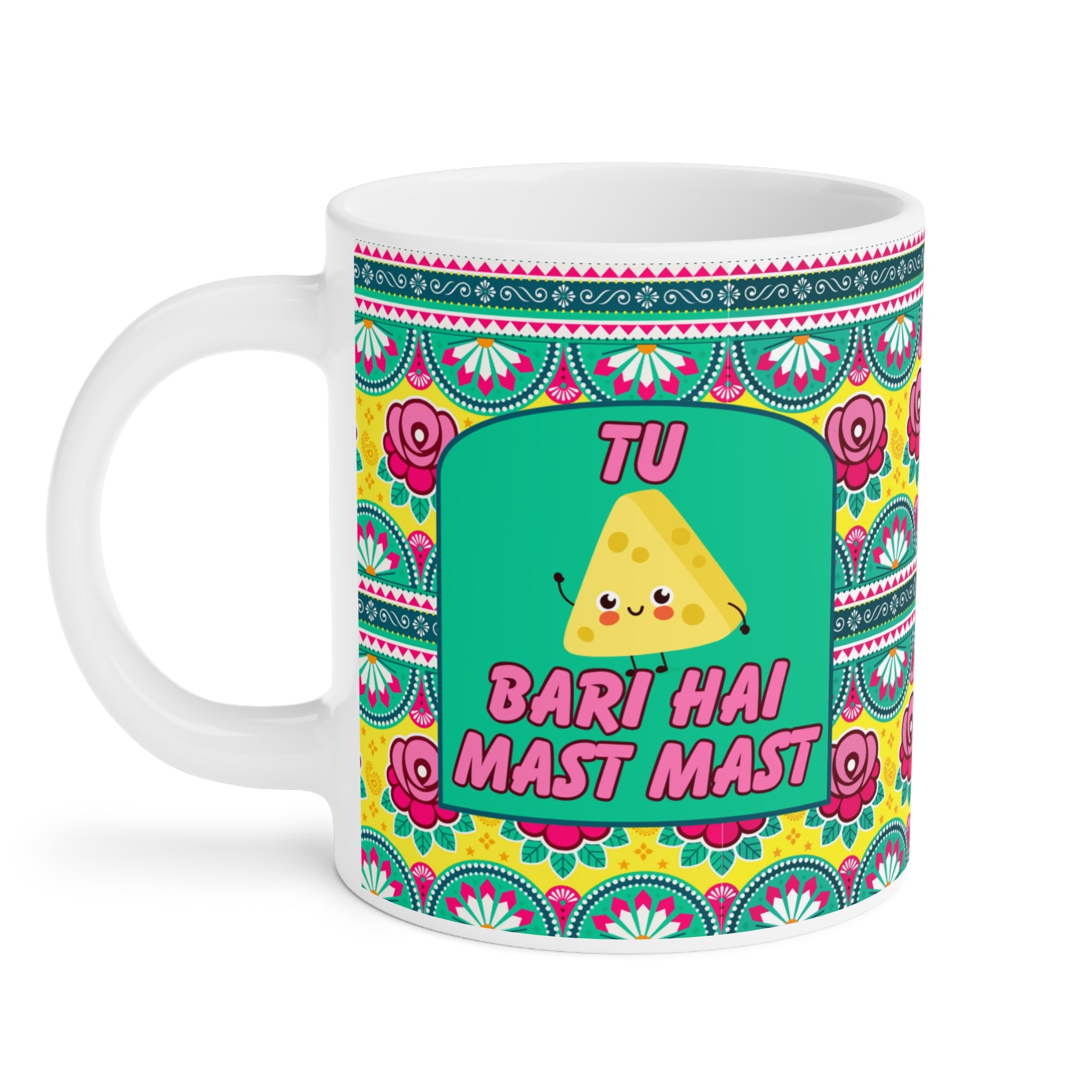 Tu Cheez Bari Hai Mast Mast ceramic mug 11oz with Bollywood-inspired design.
Perfect for tea and coffee lovers who enjoy fun desi quotes daily.
Durable ceramic with vibrant, scratch-resistant print for long-lasting use.
Microwave safe and dishwasher safe for reheating and easy cleaning.
Large comfortable handle makes chai or coffee sipping effortless.
A quirky and nostalgic gift for Bollywood fans, friends, or coworkers.
Adds music, fun, and cultural vibes to every tea or coffee break.