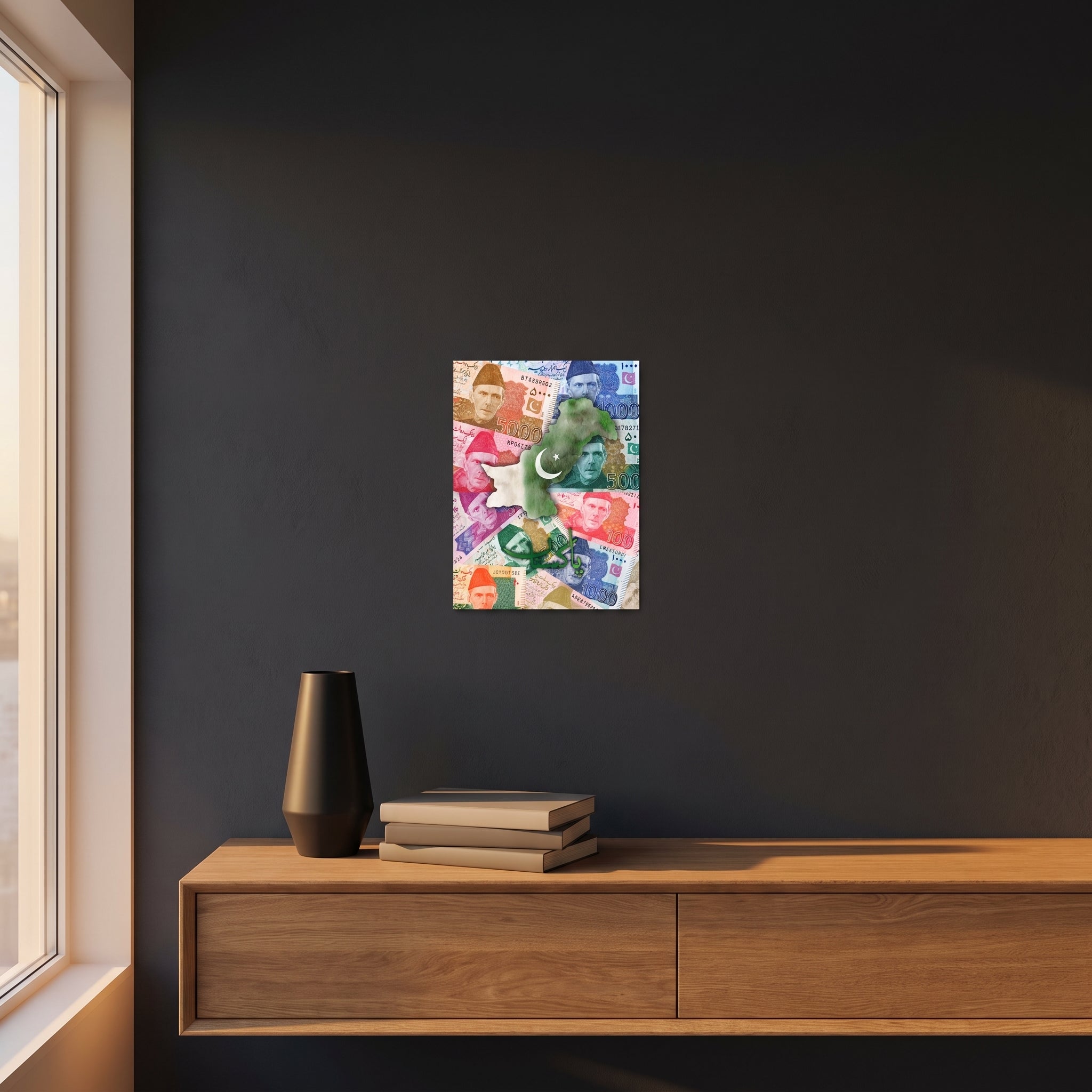 Modern style Pakistani heritage map art print displayed on a dark charcoal grey accent wall over a sleek wooden console floating cabinet.
