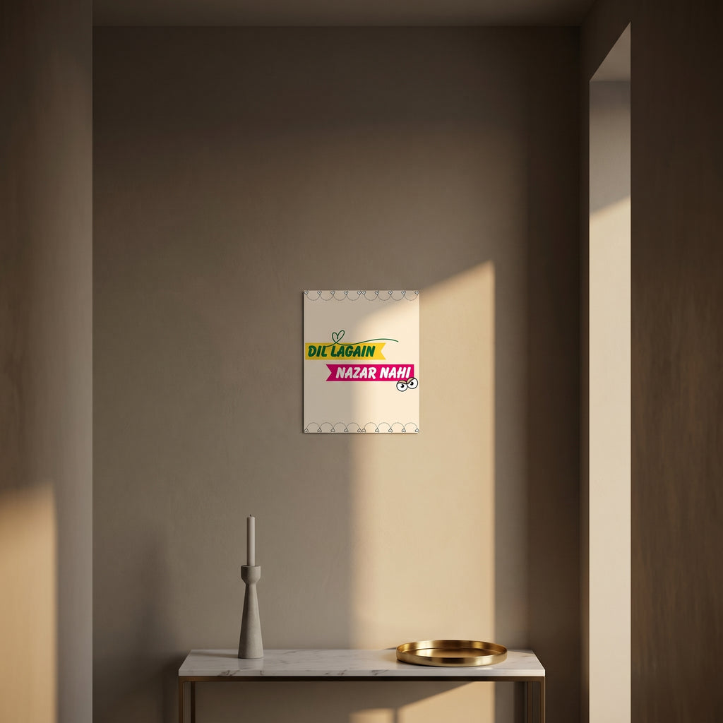 Modern wooden sideboard cabinet against a dark grey accent wall showcasing the minimalist and colorful traditional folklore poster.