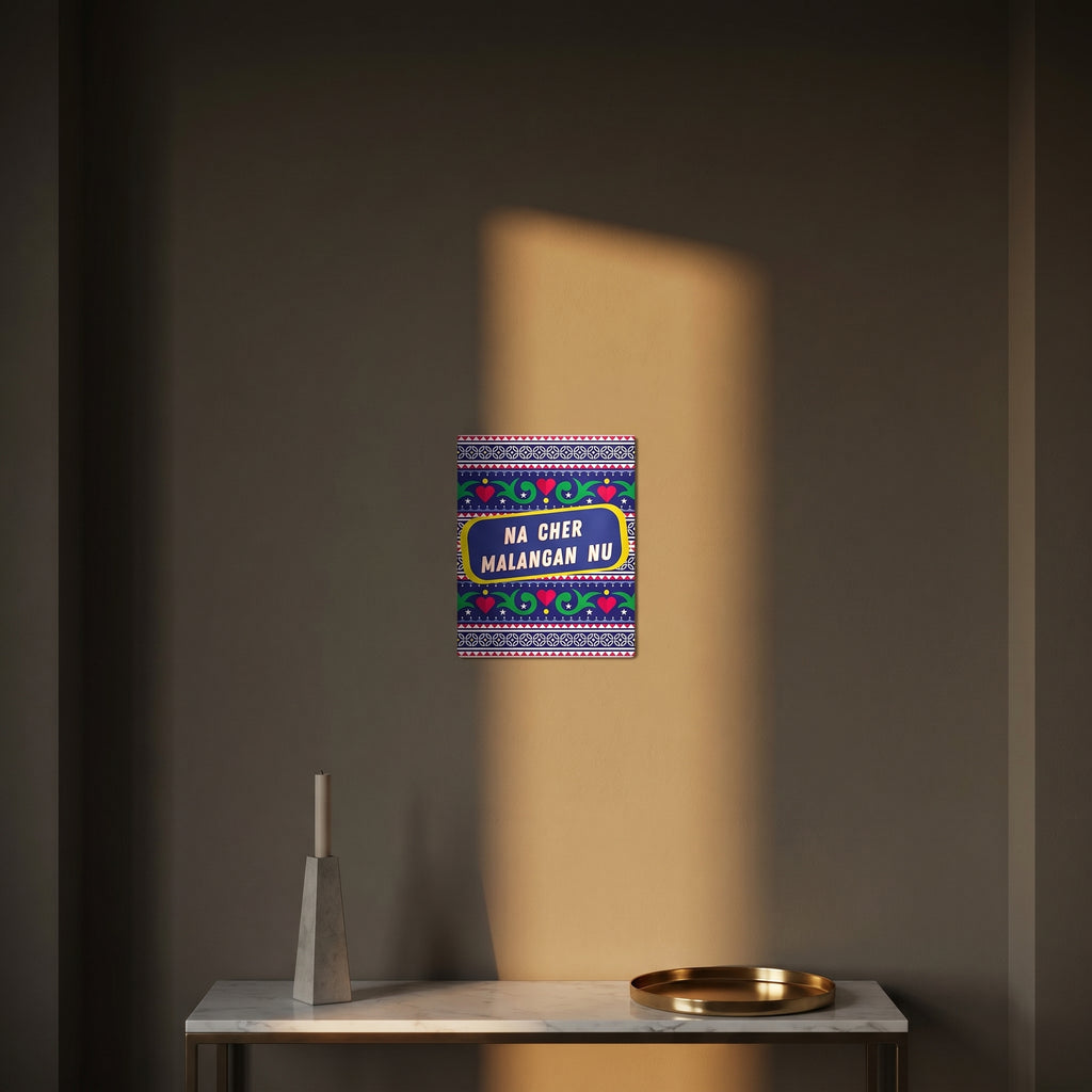 Modern wooden sideboard cabinet styled against a dark grey accent wall featuring the colorful truck art slogan poster.