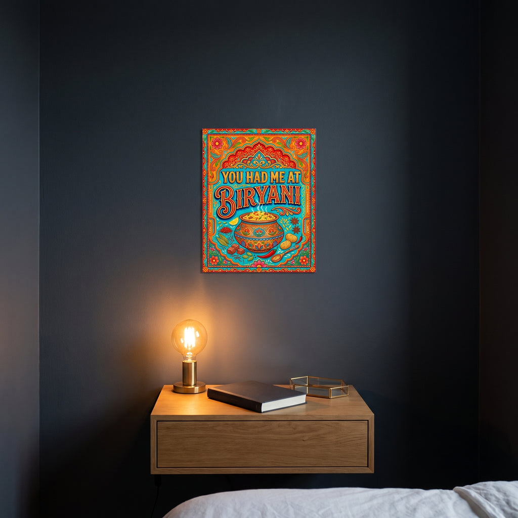 Pakistani Biryani truck art metal poster styled on a contemporary bedroom nightstand catching warm ambient light from a lamp.