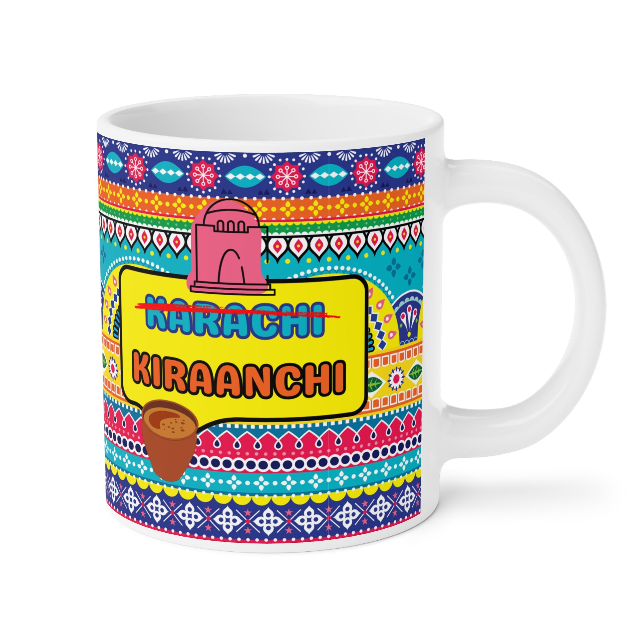 Karachi ceramic mug 11oz with colorful city-inspired design.
Perfect for chai and coffee lovers who cherish Karachi culture.
Durable ceramic cup with vibrant, scratch-resistant finish for daily use.
Microwave safe and dishwasher safe for convenience and long life.
Large comfortable handle makes sipping tea or coffee easy and enjoyable.
Ideal gift for friends, family, or Karachi lovers worldwide.
Captures nostalgia, desi vibes, and city pride in every sip.