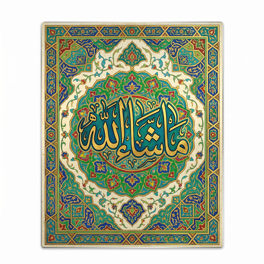 Premium Mashallah Arabic calligraphy poster featuring detailed green and blue Islamic mandala floral patterns on a matte background.