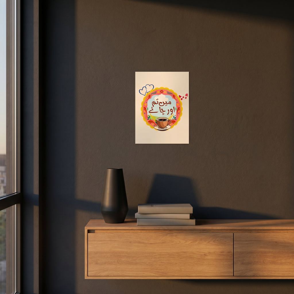 Premium South Asian chai slogan print styled on an elegant entry console table caught in dramatic golden afternoon window light.