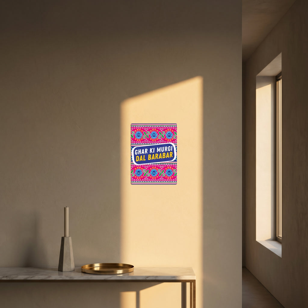 "Premium South Asian irony street culture art print catching dramatic afternoon window sunlight above a sleek modern console table."
