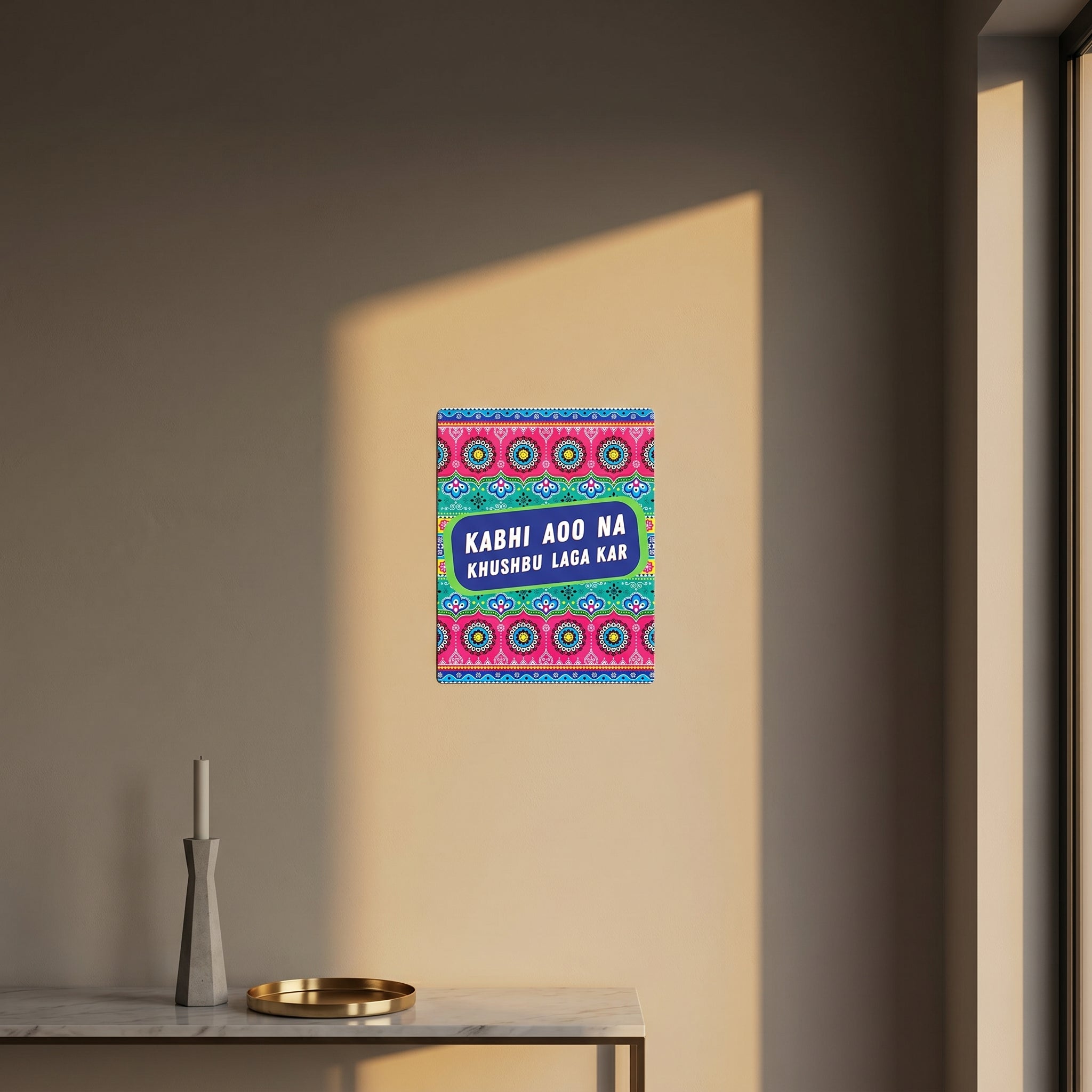 "Premium South Asian pop art cheeky humor print catching dramatic afternoon window sunlight above a sleek modern console table."